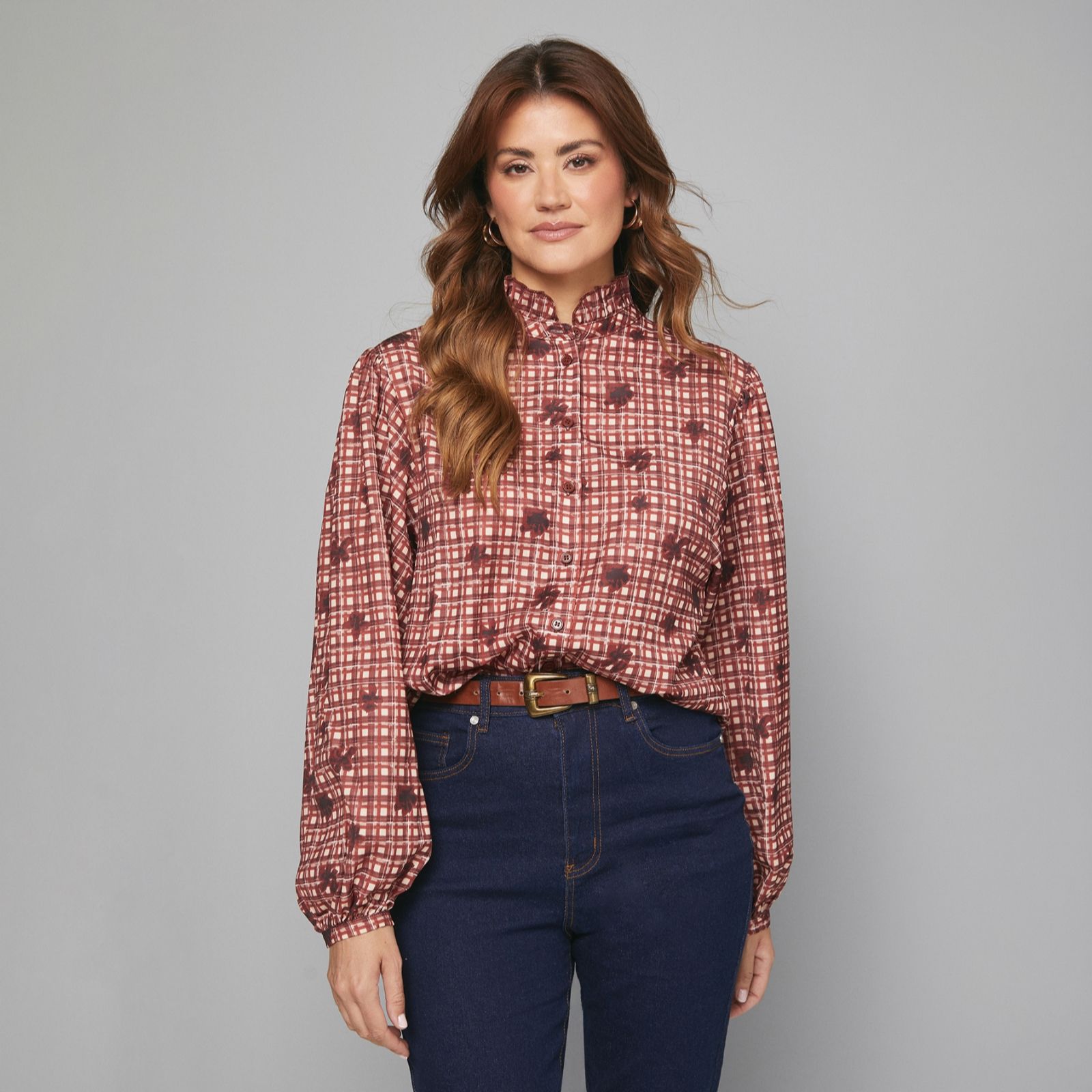 Wallis Check Ruffle Collar Button Blouse