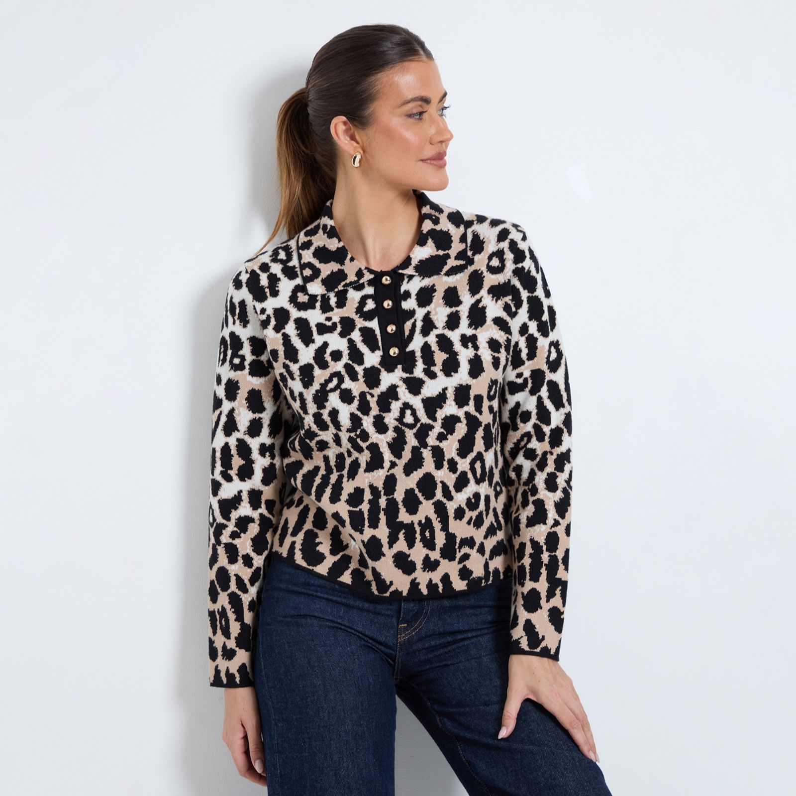 Wallis Leopard Knitted Jumper with Button Neck