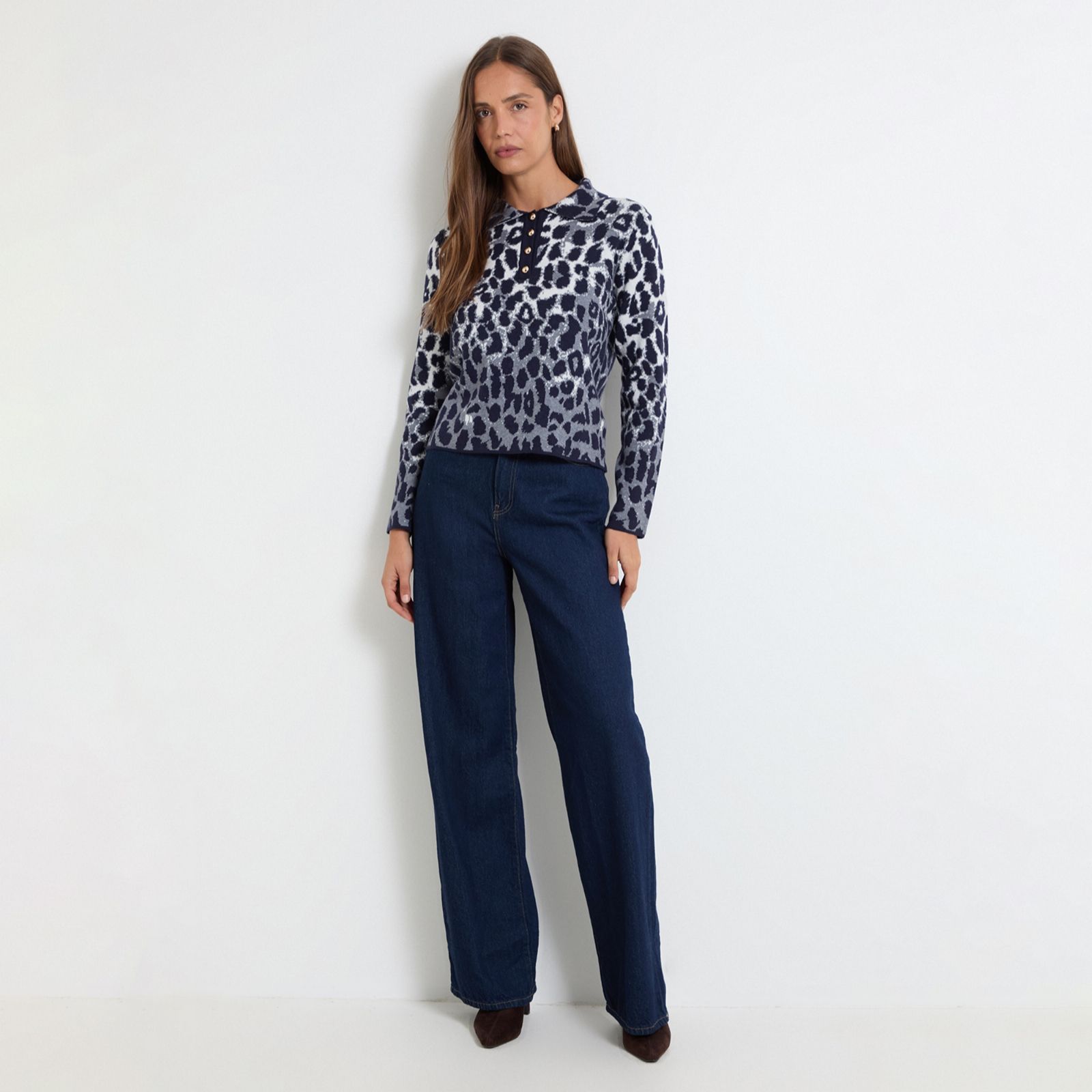 Wallis Leopard Knitted Jumper with Button Neck