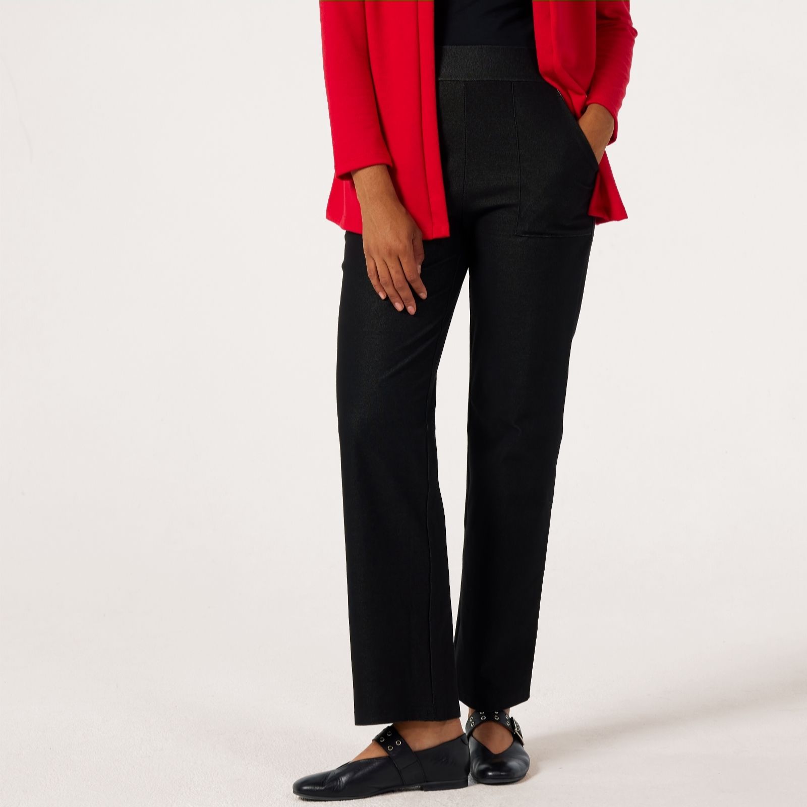 Kim & Co Deluxe Denim Knit Contrast Detail Straight Leg Petite Trousers