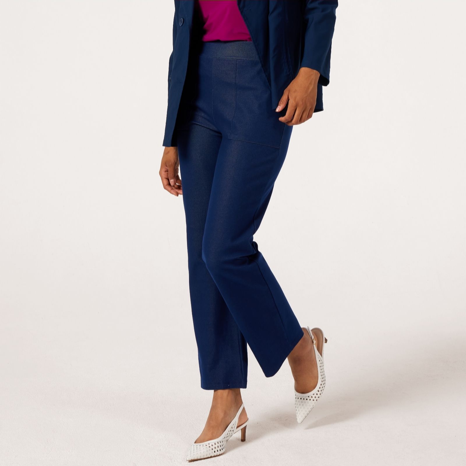 Kim & Co Deluxe Denim Knit Contrast Detail Straight Leg Petite Trousers