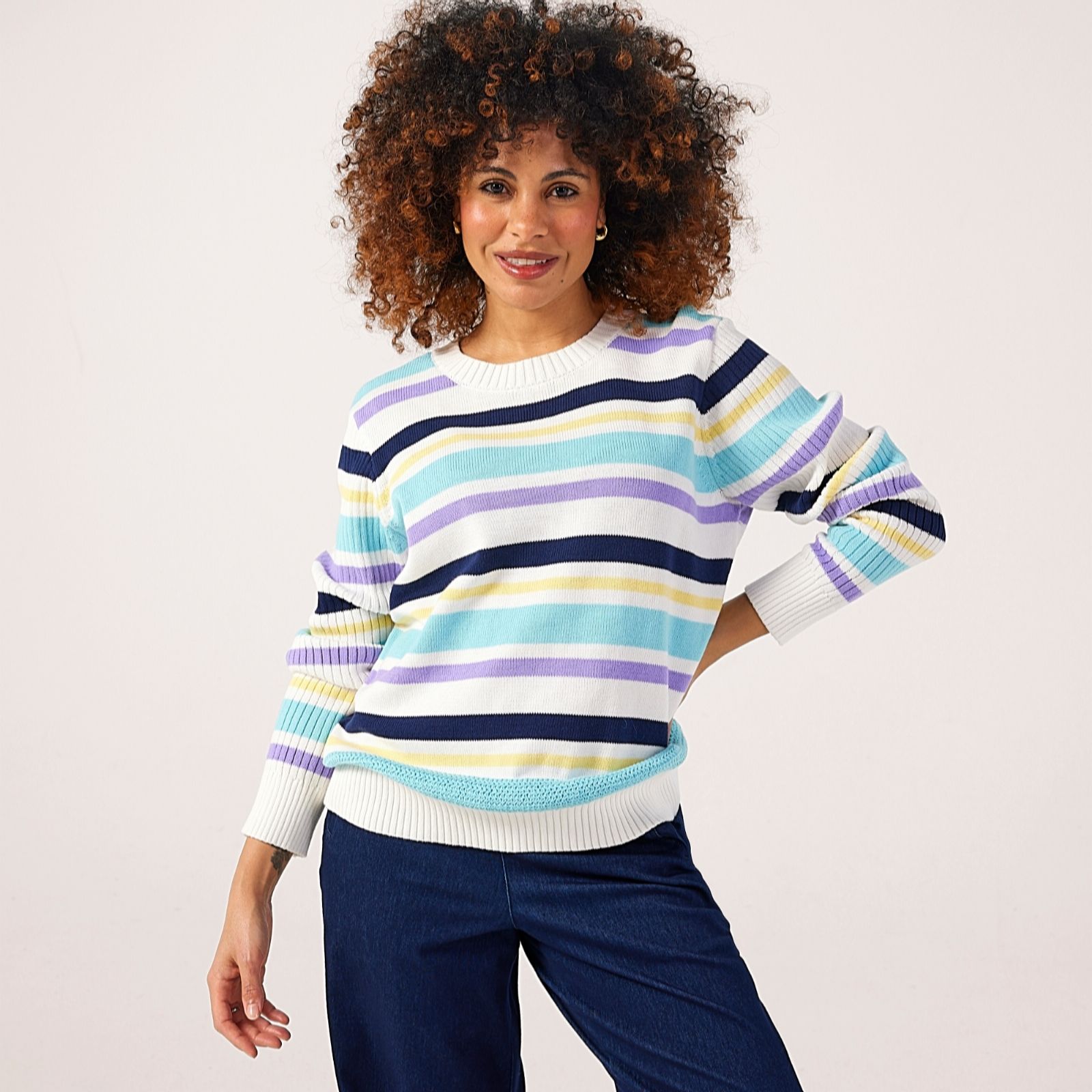 Denim & Co. Stripe Jumper Rib Sleeve Detail