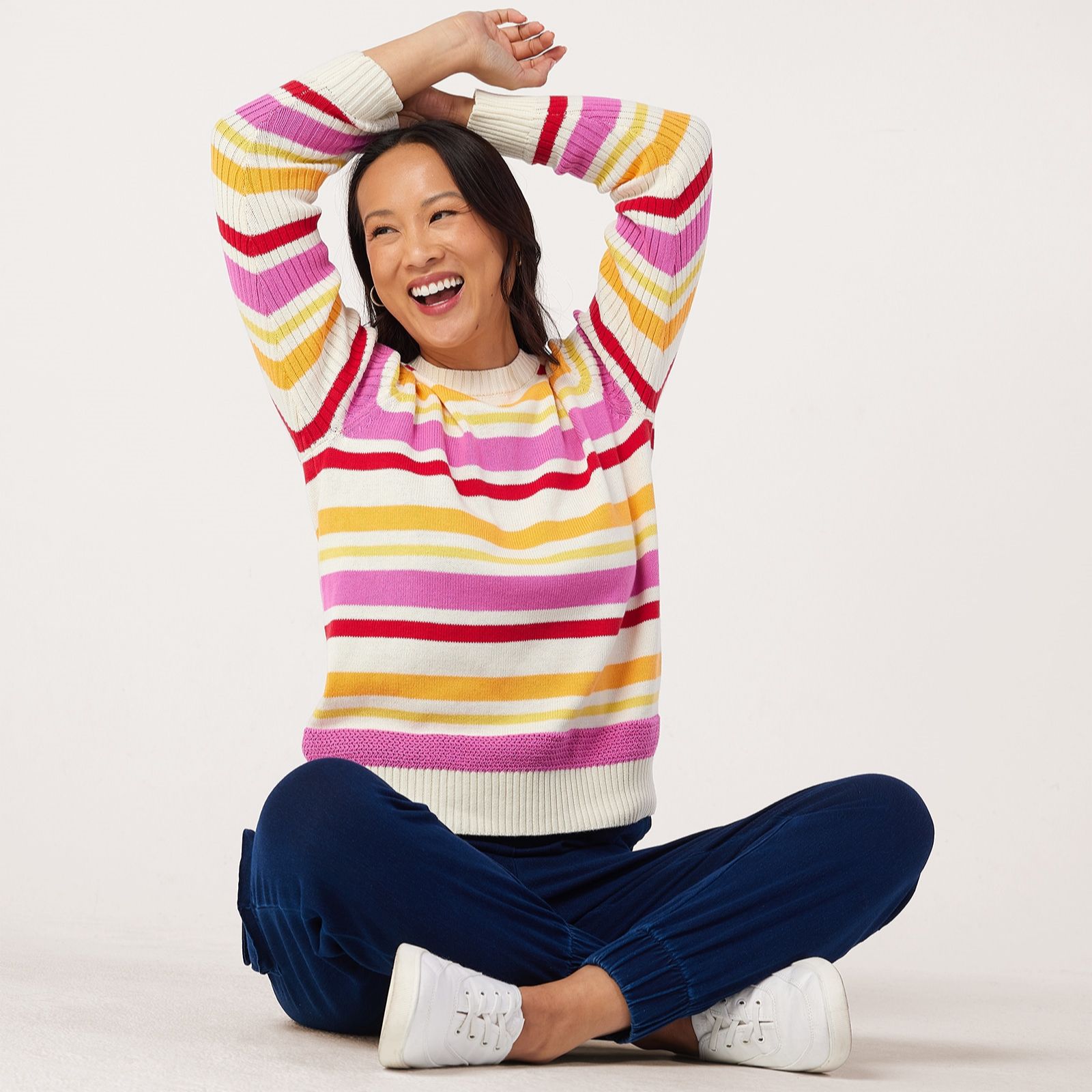 Denim & Co. Stripe Jumper Rib Sleeve Detail