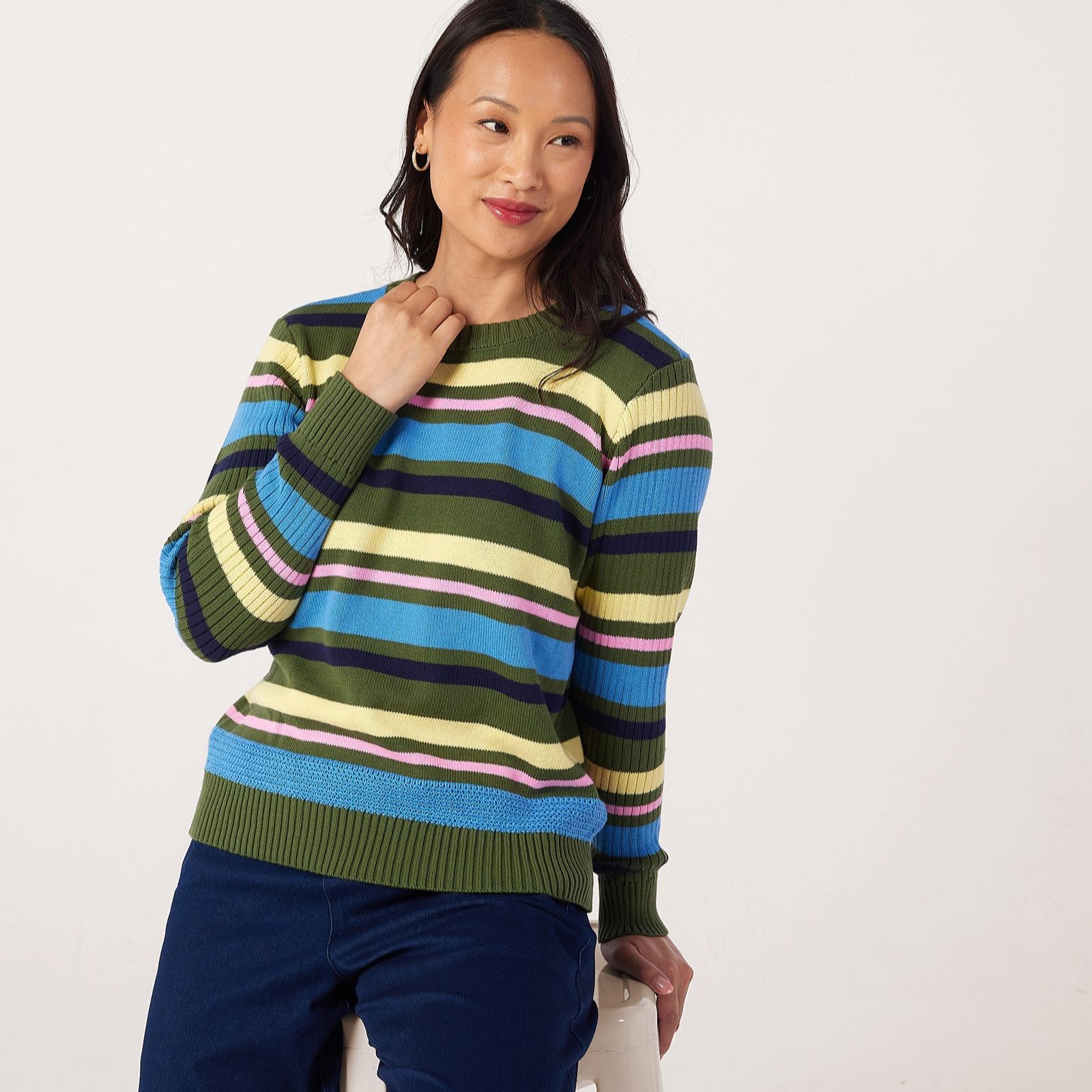 Denim & Co. Stripe Jumper Rib Sleeve Detail