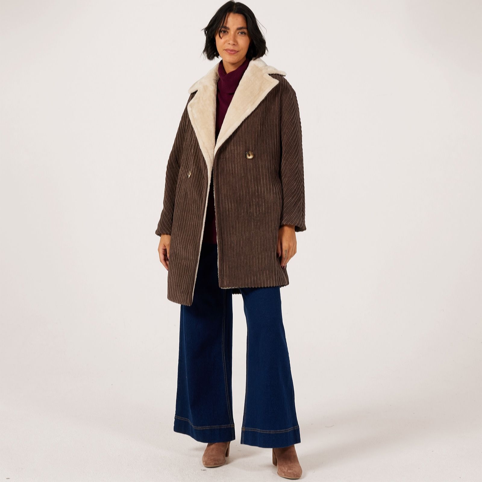 Helene Berman Double Breasted Ribbed Coat with Faux Fur Contrast Coat