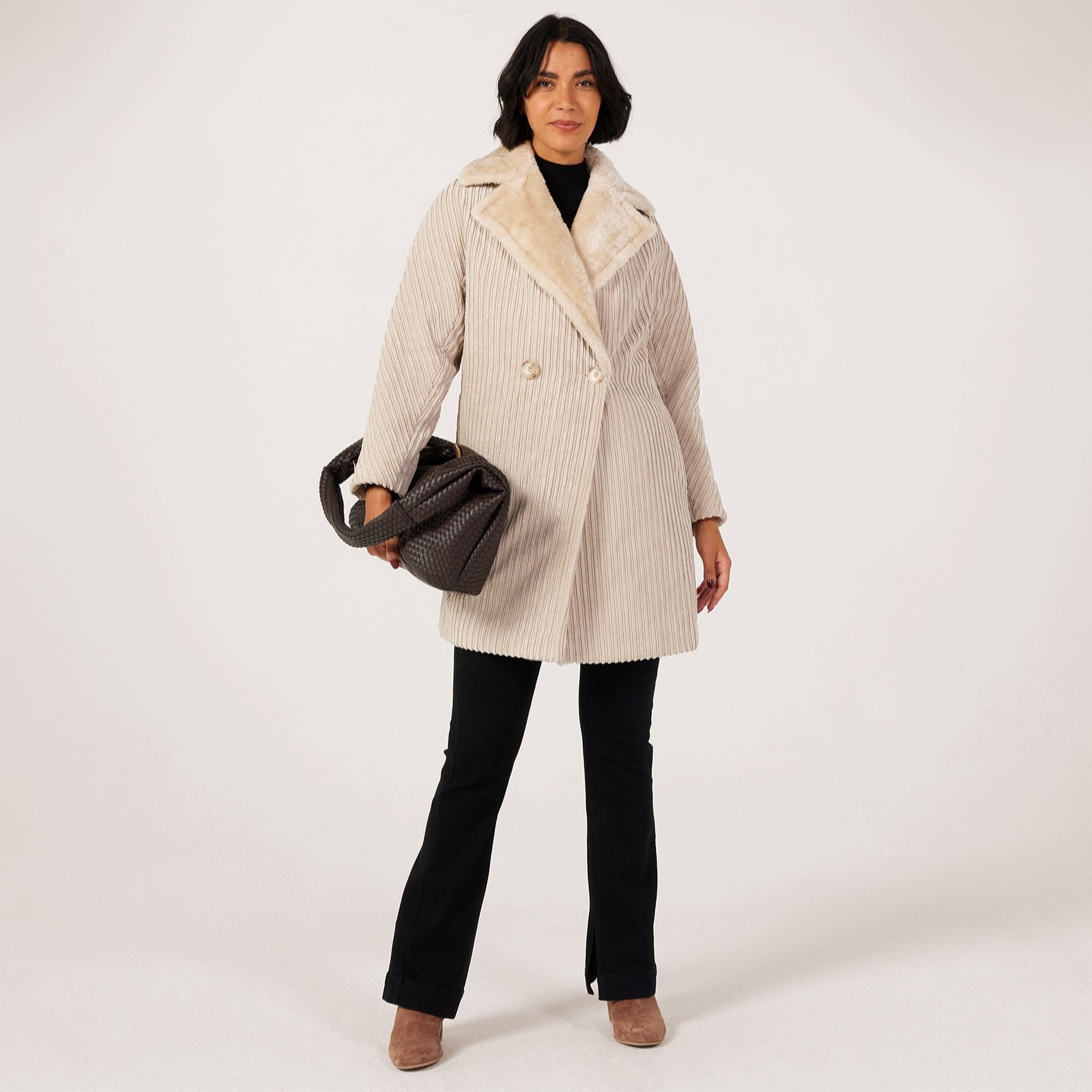 Helene Berman Double Breasted Ribbed Coat with Faux Fur Contrast Coat