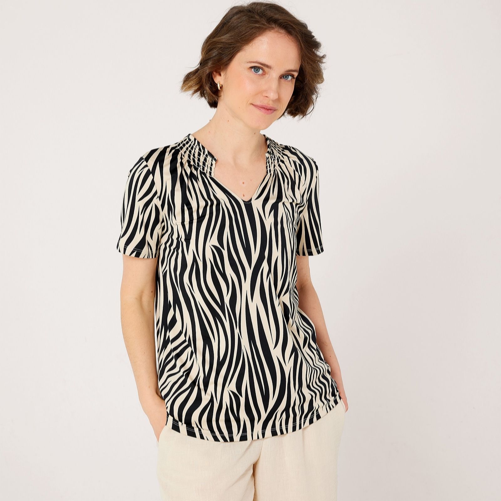 Kim & Co Printed Brazil Jersey Short Sleeve Smocked Top