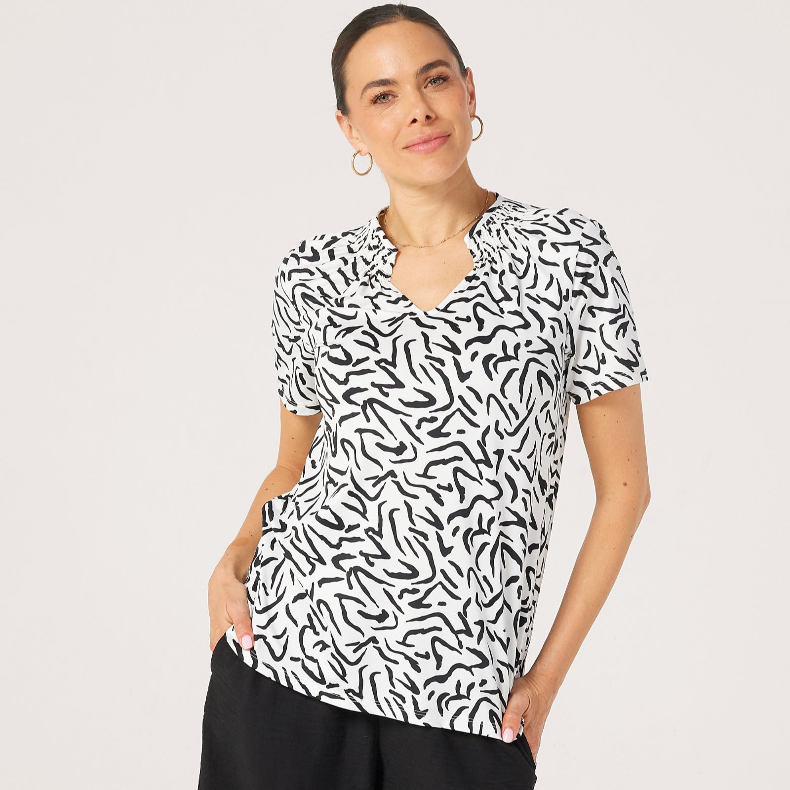 Kim & Co Printed Brazil Jersey Short Sleeve Smocked Top