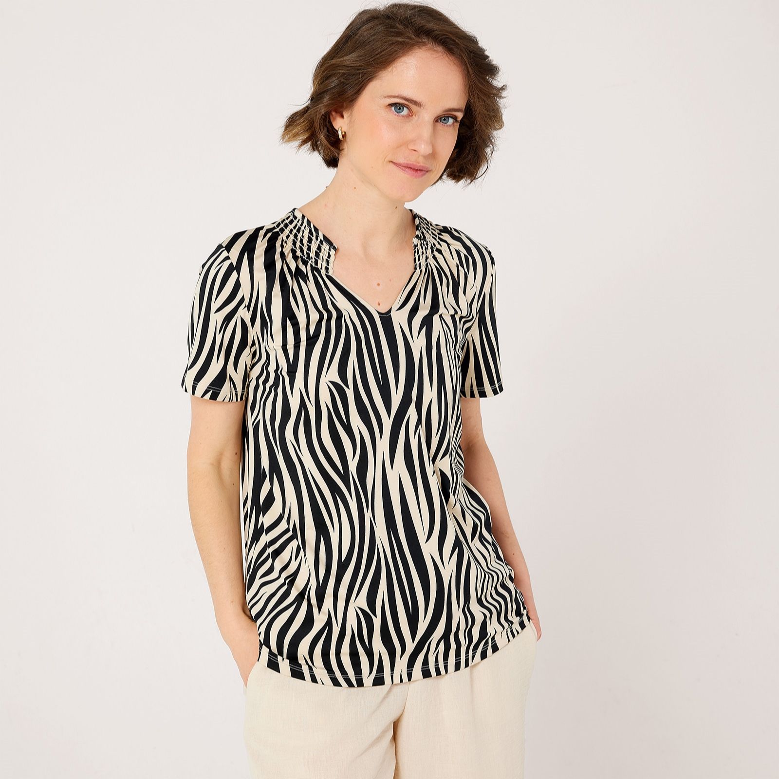 Kim & Co Printed Brazil Jersey Short Sleeve Smocked Top