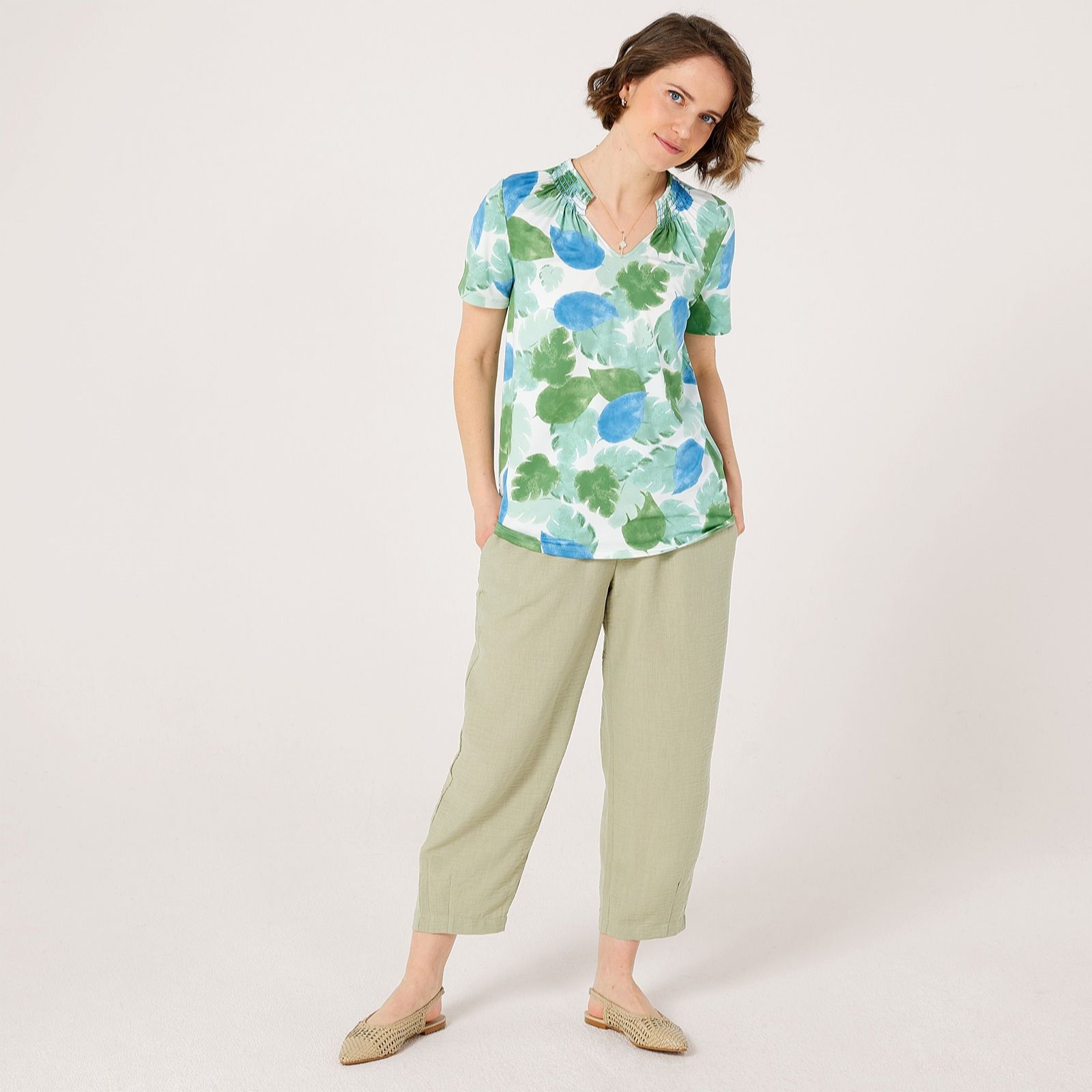 Kim & Co Printed Brazil Jersey Short Sleeve Smocked Top