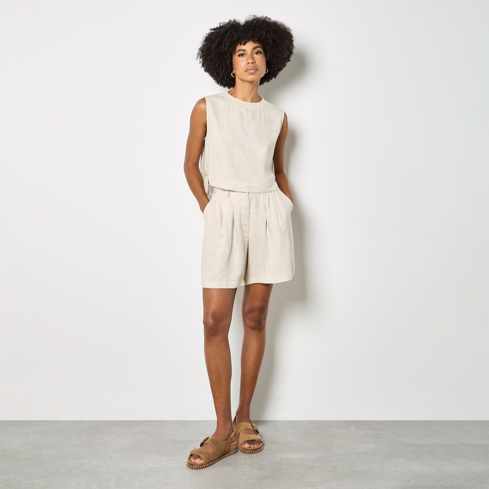 Apricot Pleated Detail Linen Mix Short