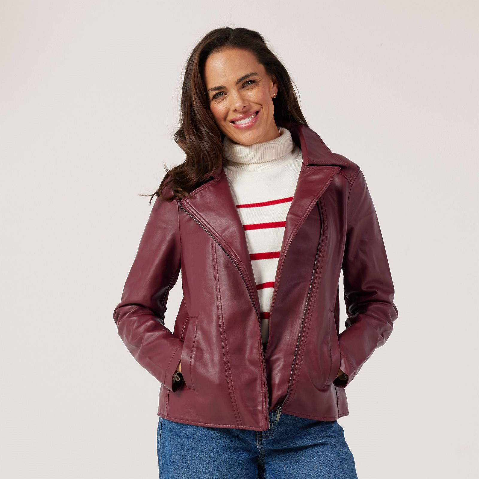 Nina Leonard Faux Leather Moto Zip Jacket with Welt Pocket
