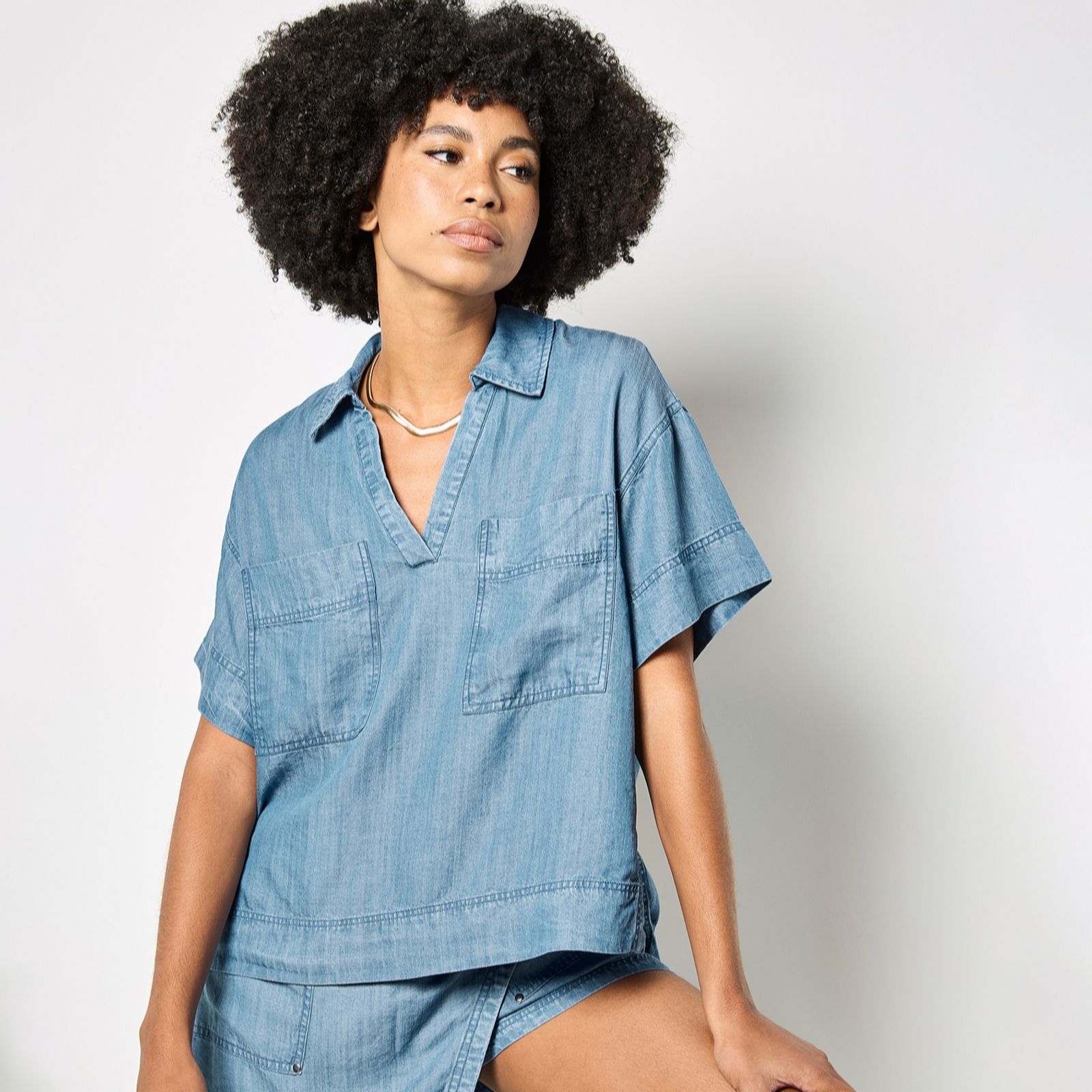 Apricot Slub Open Neck Denim Shirt
