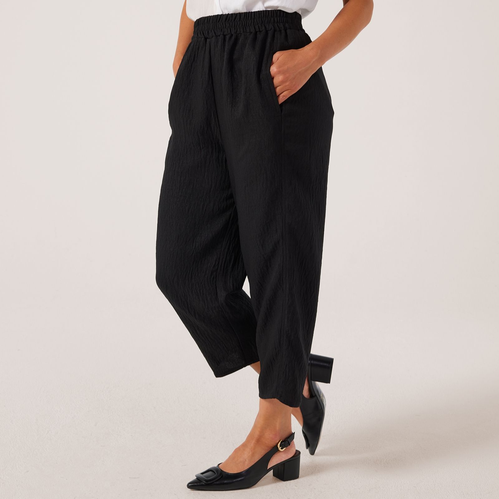 Kim & Co Linen Style Poplin Wide Leg Crop Standard Trousers