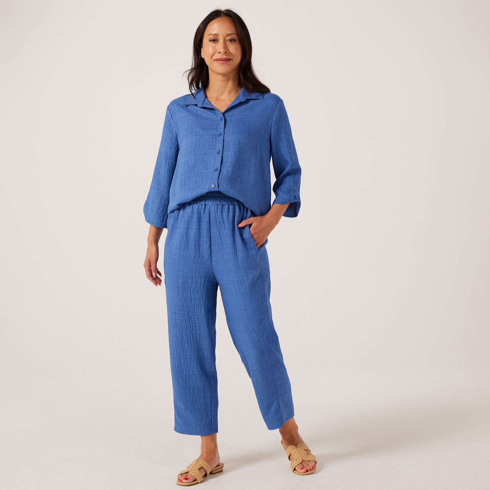 Kim & Co Linen Style Poplin Wide Leg Crop Standard Trousers