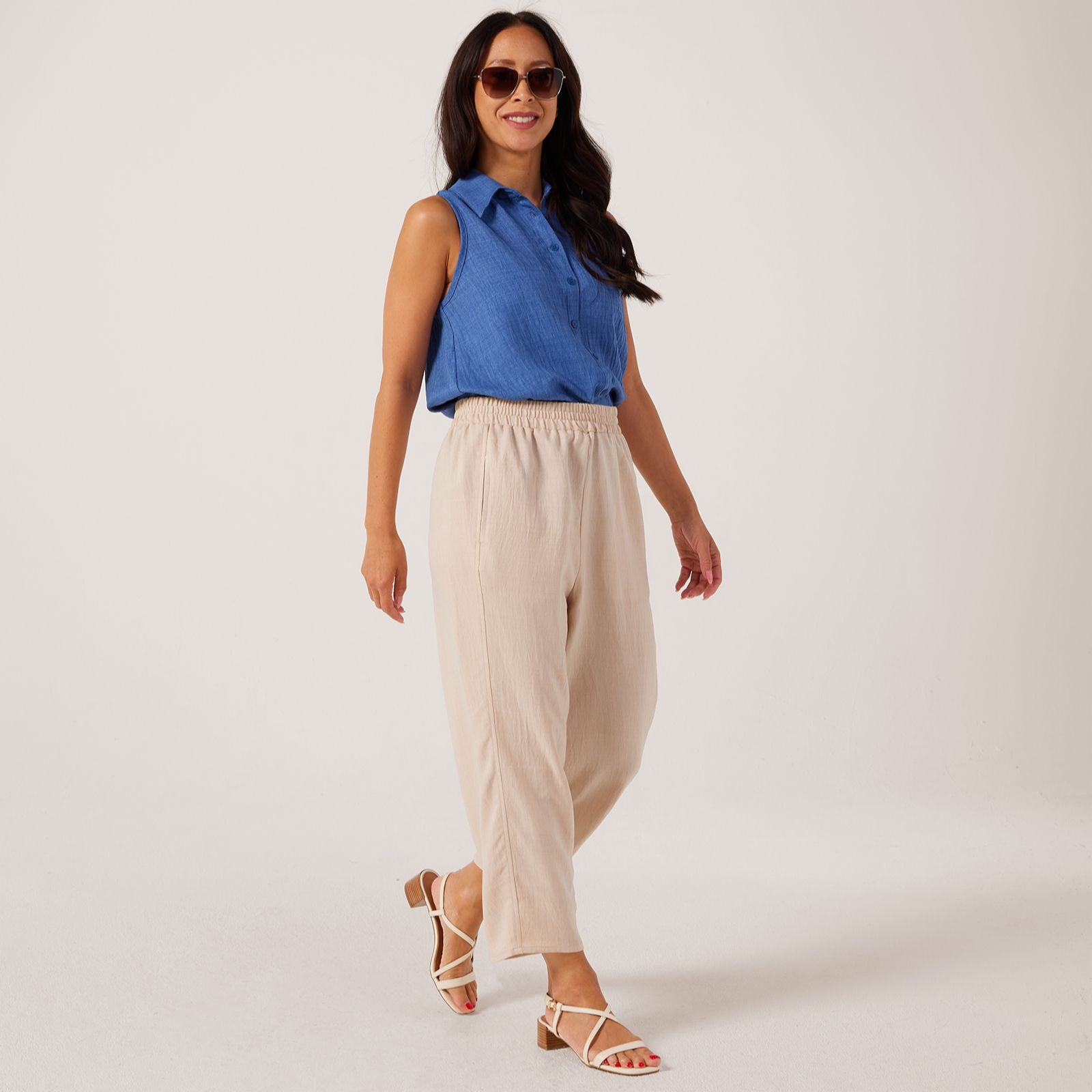 Kim & Co Linen Style Poplin Wide Leg Crop Standard Trousers