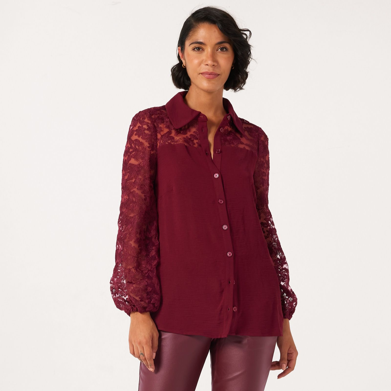 Nina Leonard Balloon Sleeve Embellished Mesh Shirt