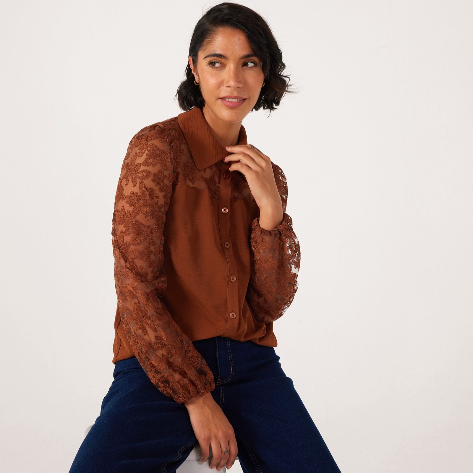 Nina Leonard Balloon Sleeve Embellished Mesh Shirt