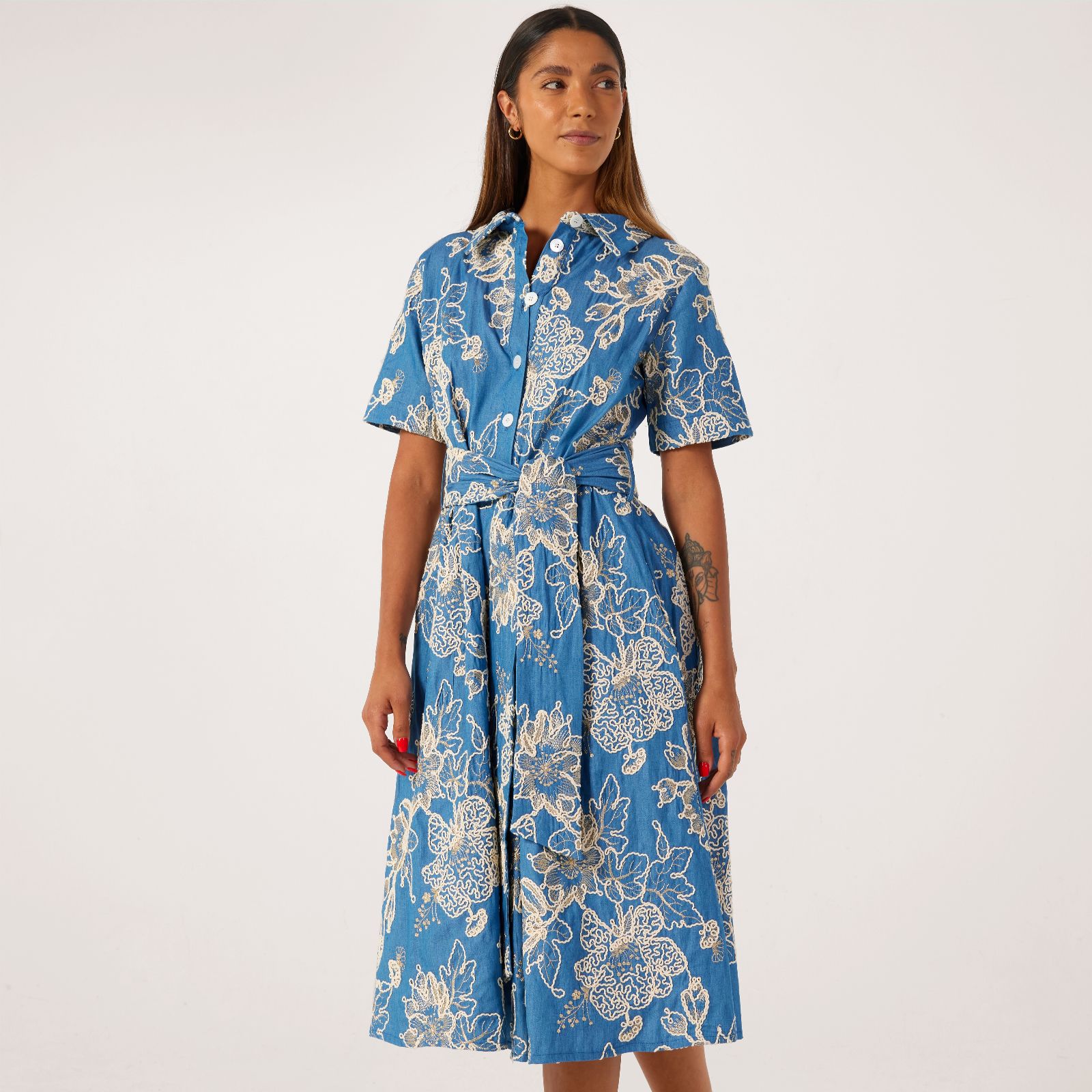 Helene Berman Short Sleeve Denim Embroidery Shirt Dress
