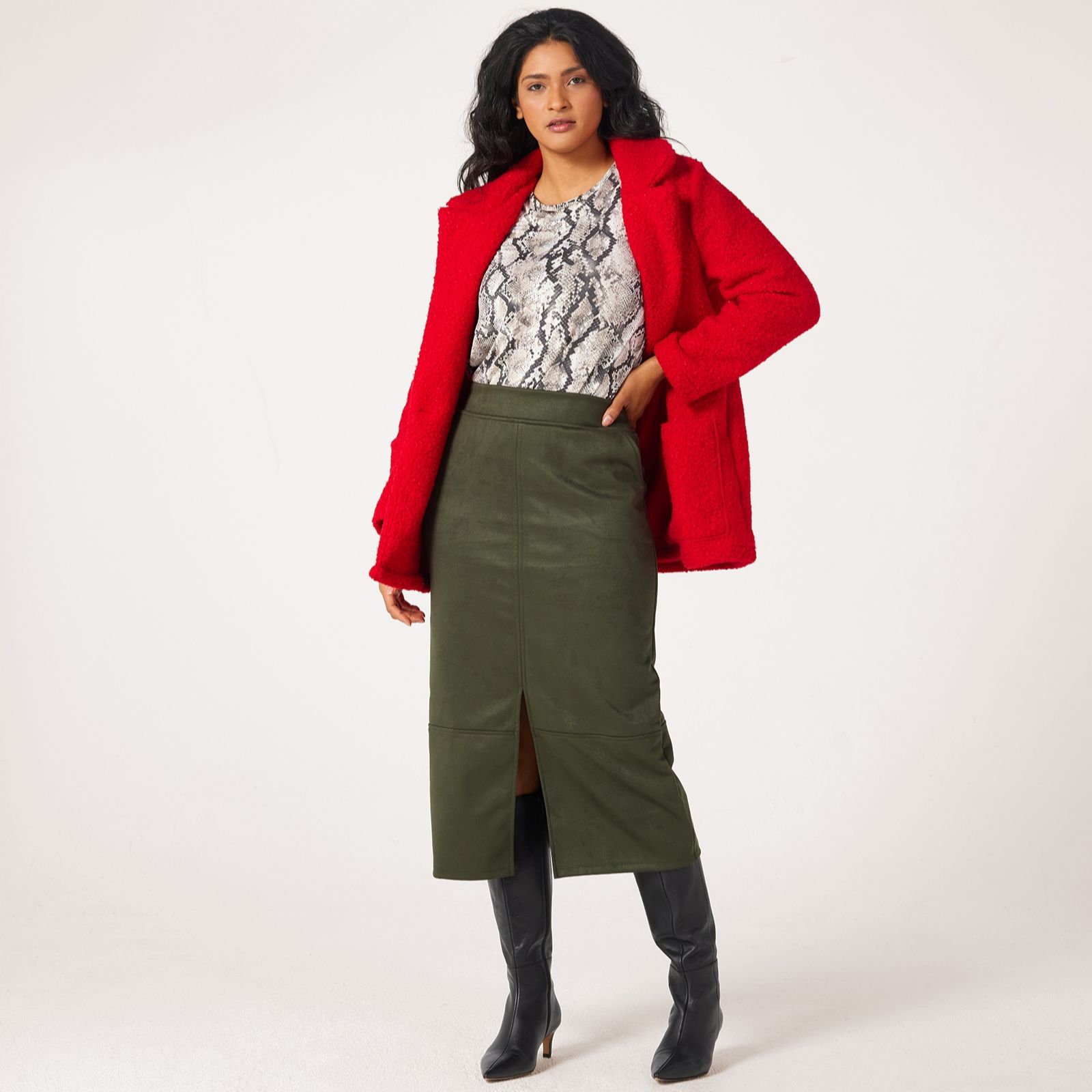 Kim & Co Stretch Faux-Suede Maxi Skirt with Front Slit