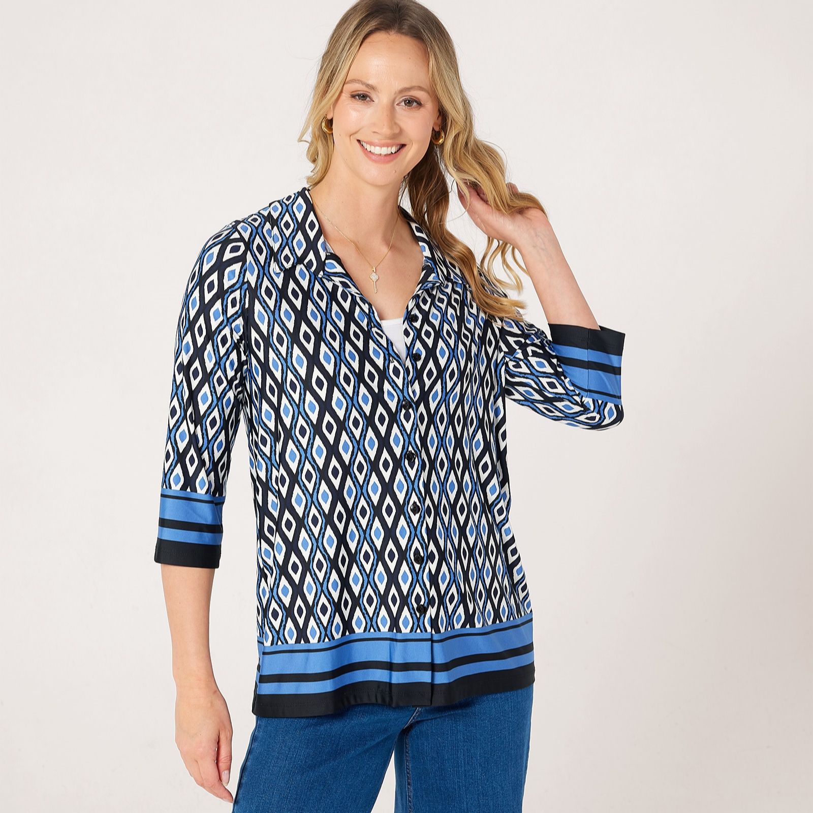 Kim & Co Border Print Brazil Jersey 3/4 Sleeve Shirt