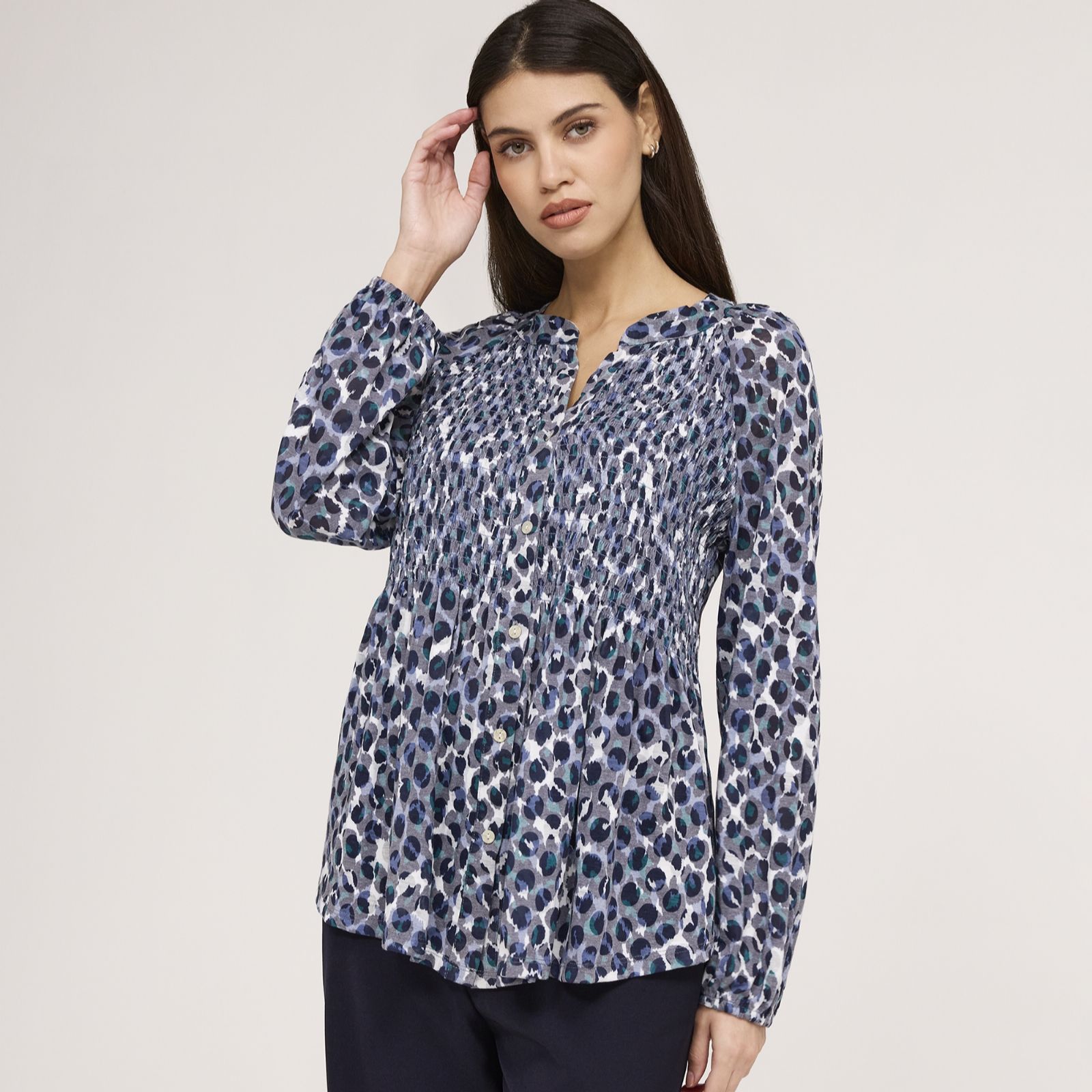 Finery London Martha Printed Animal Button Up Jersey Top
