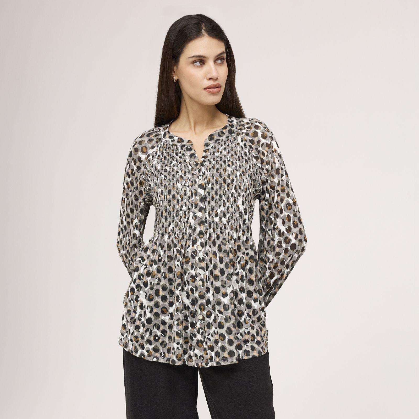 Finery London Martha Printed Animal Button Up Jersey Top