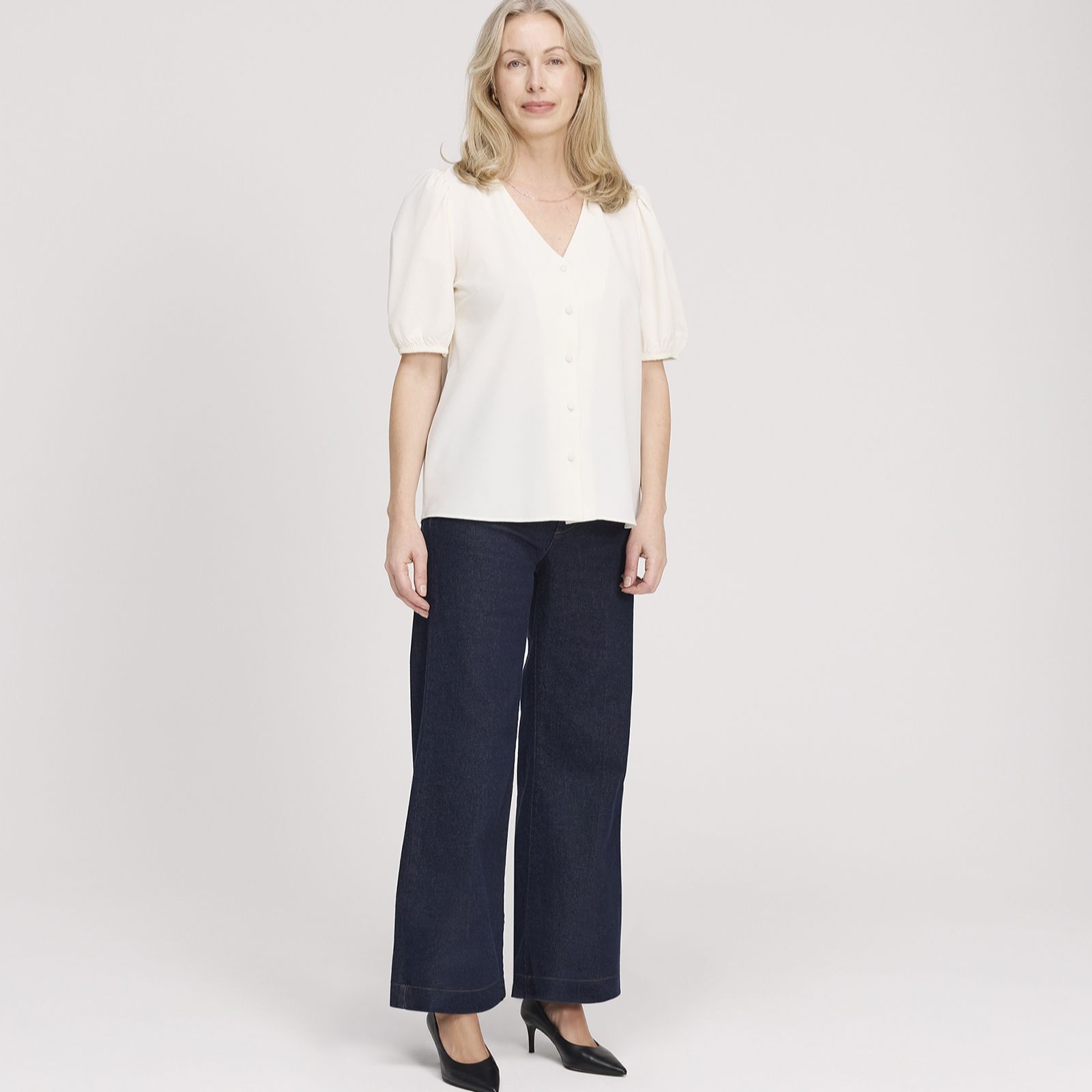 Finery London Fleur Crepe Button Through Puff Sleeve Top