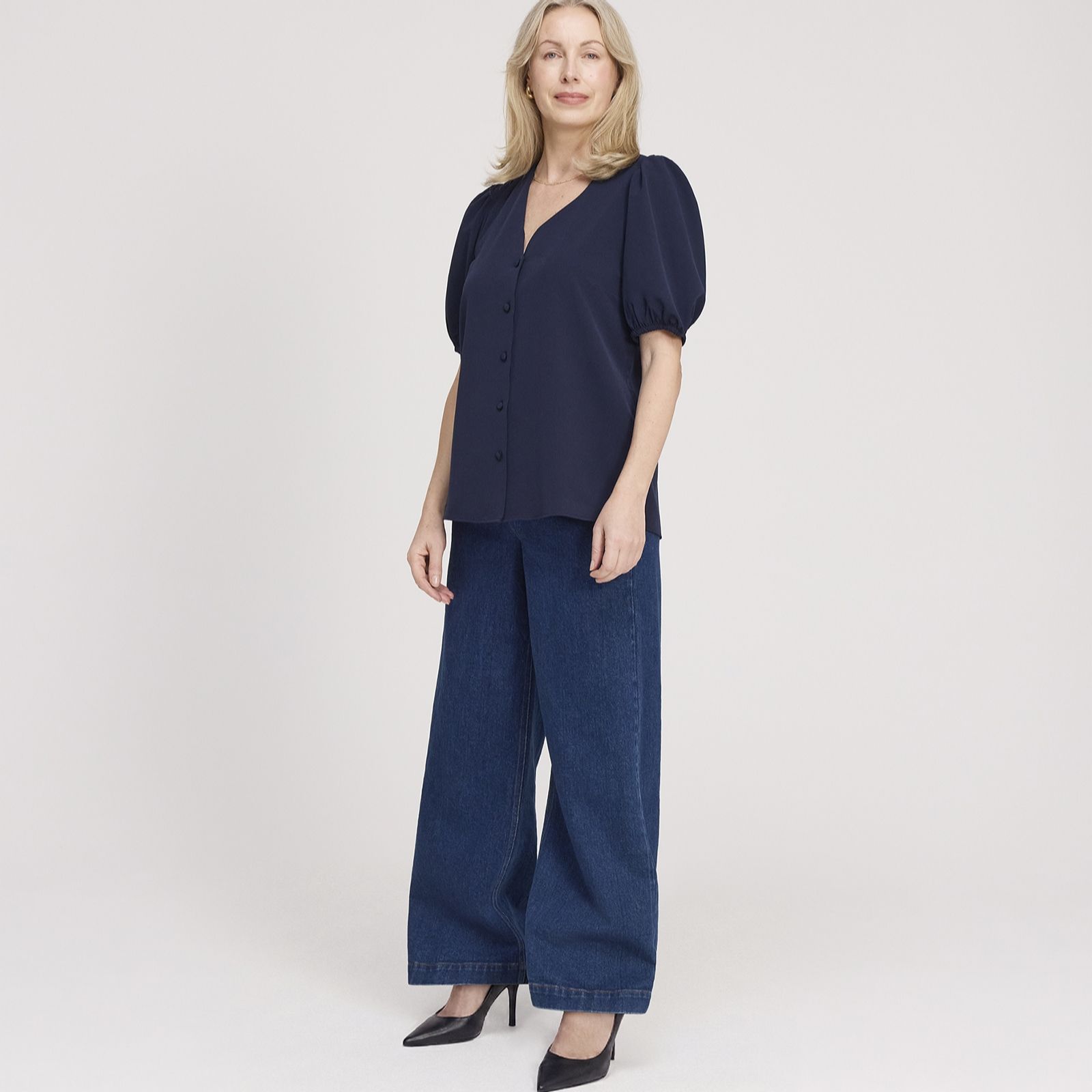 Finery London Fleur Crepe Button Through Puff Sleeve Top