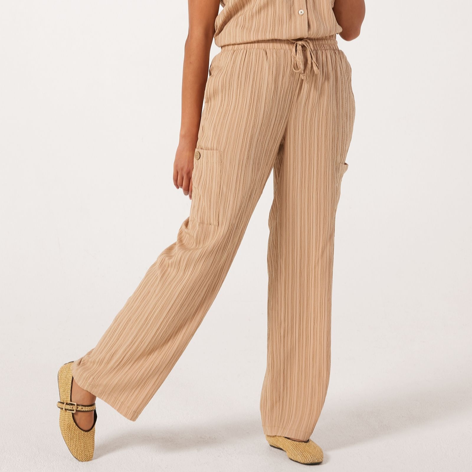 Nina Leonard Drawstring Waist Crushed Woven Cargo Trousers