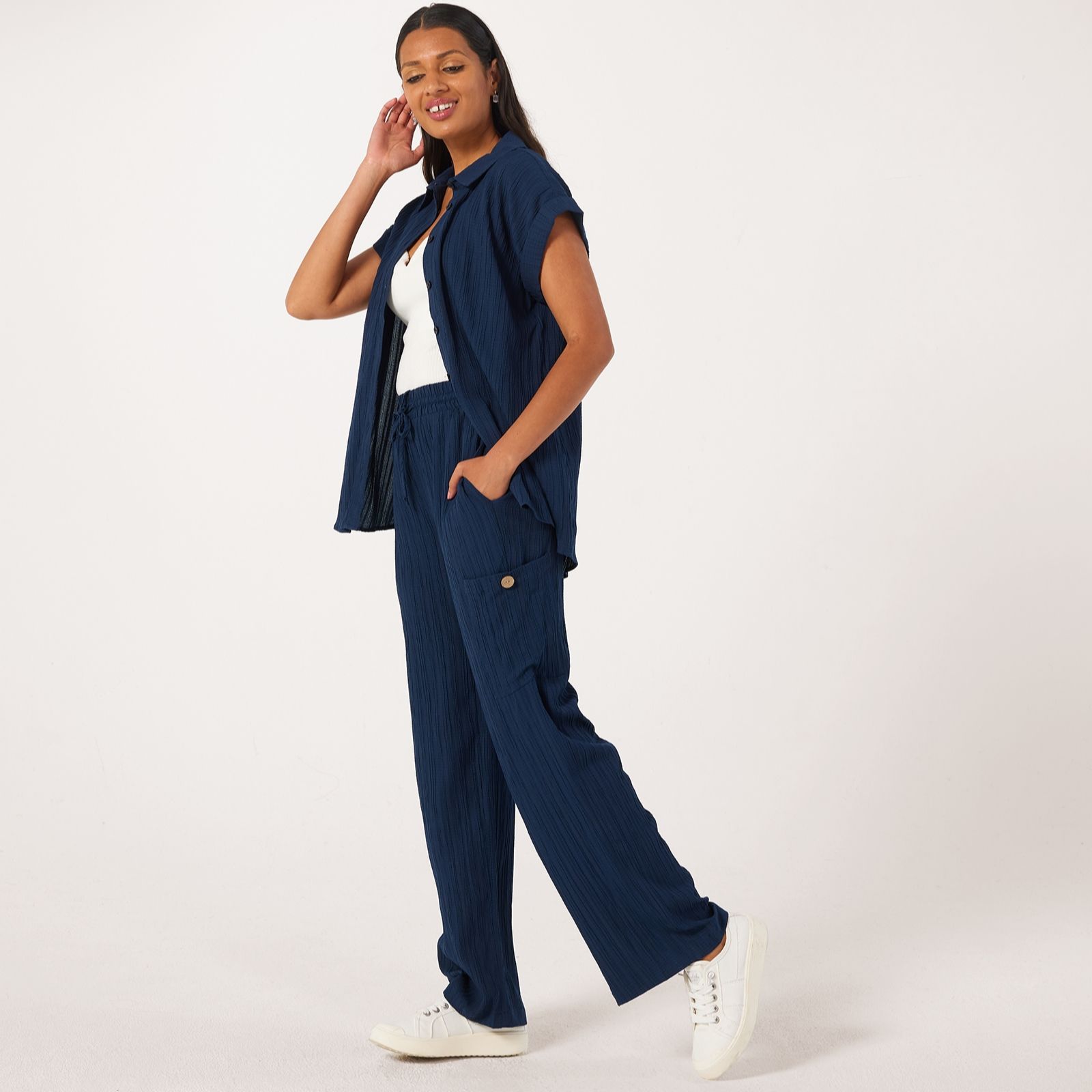 Nina Leonard Drawstring Waist Crushed Woven Cargo Trousers