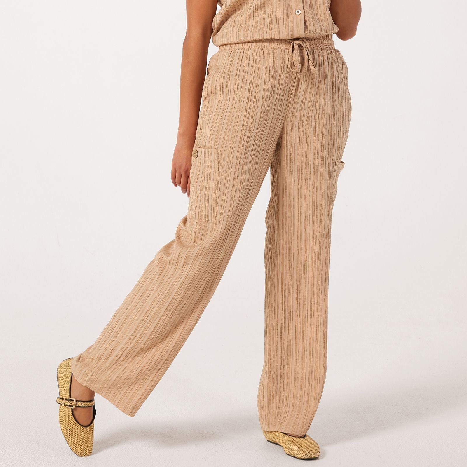Nina Leonard Drawstring Waist Crushed Woven Cargo Trousers