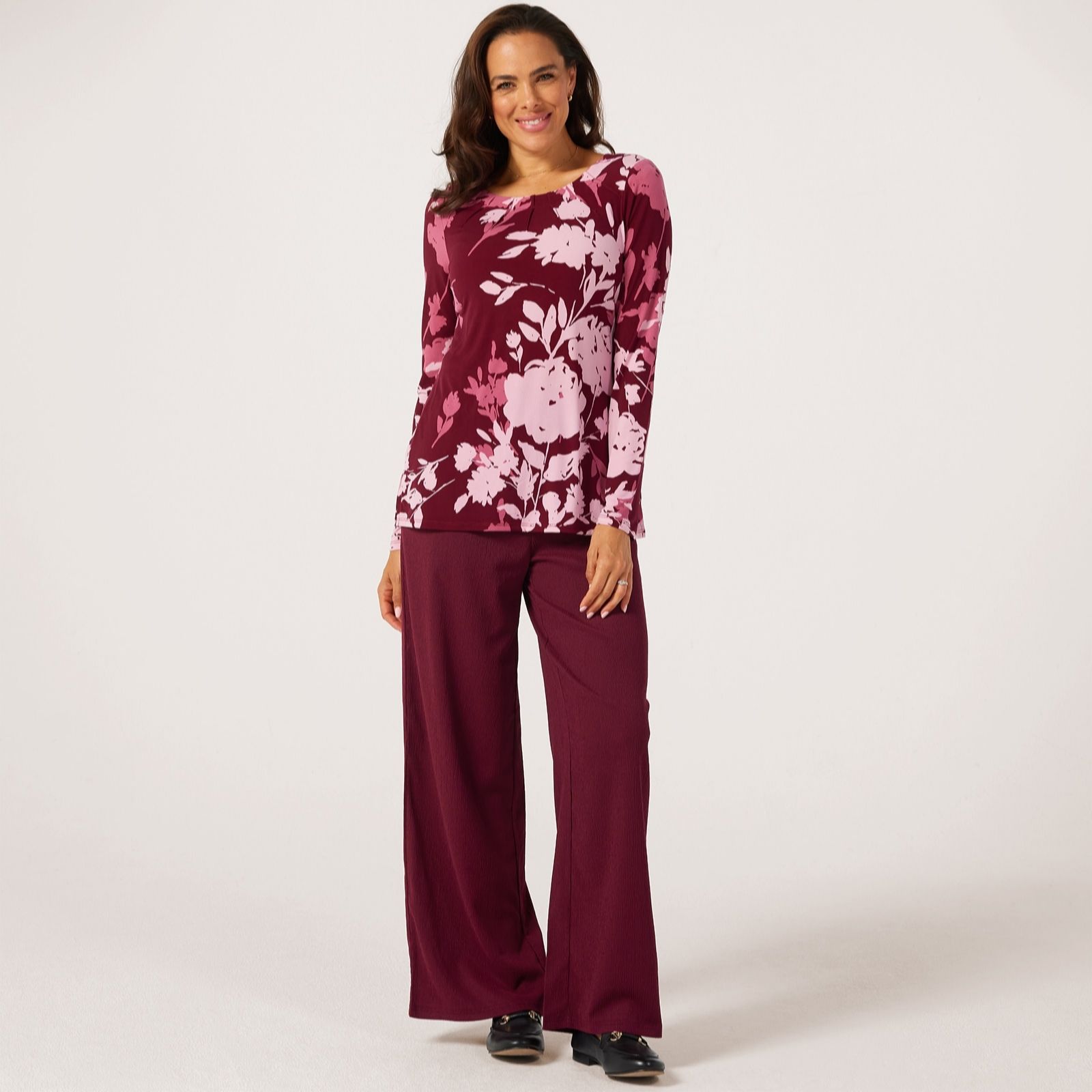 Nina Leonard Long Sleeve Pin Tuck Neck With Flowy Body Top