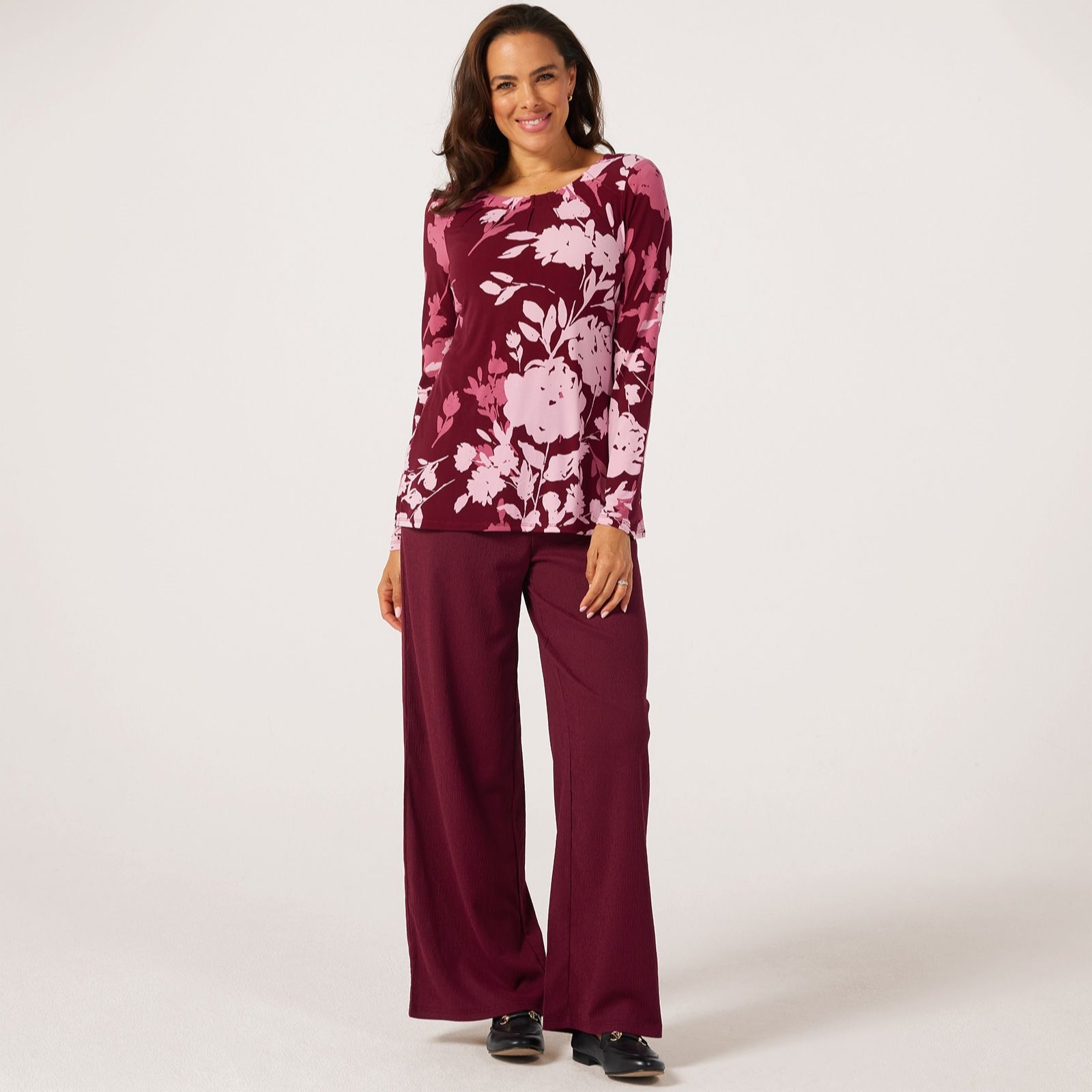 Nina Leonard Long Sleeve Pin Tuck Neck With Flowy Body Top