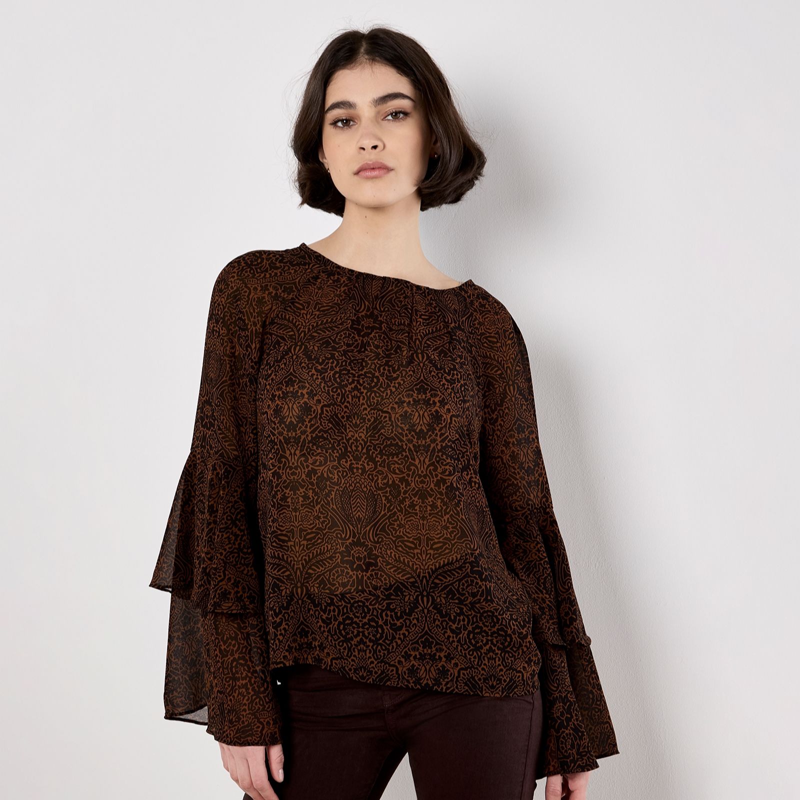 Apricot Paisley Print Ruffle Sleeve Blouse