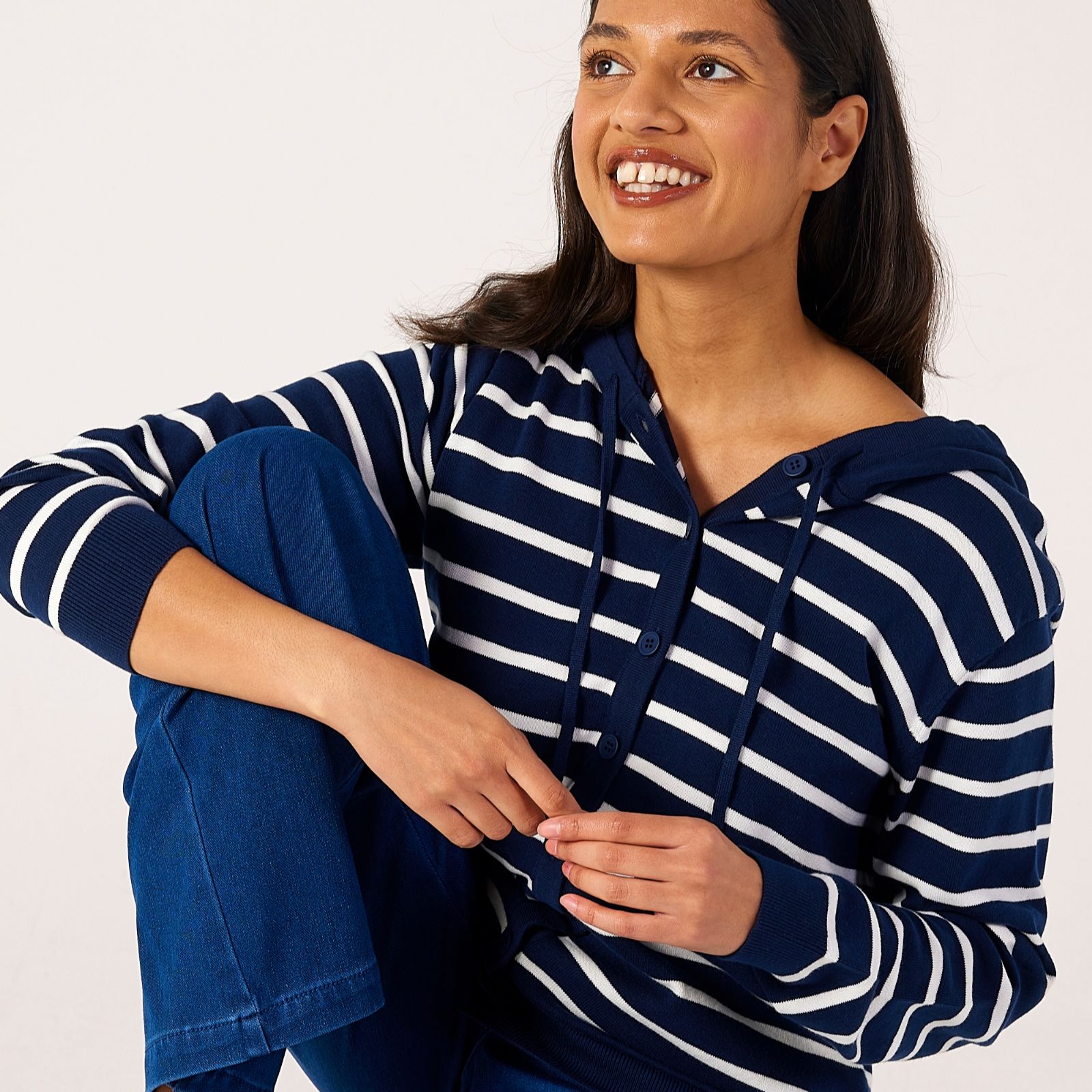Denim & Co. Stripe Button-Through Hoodie