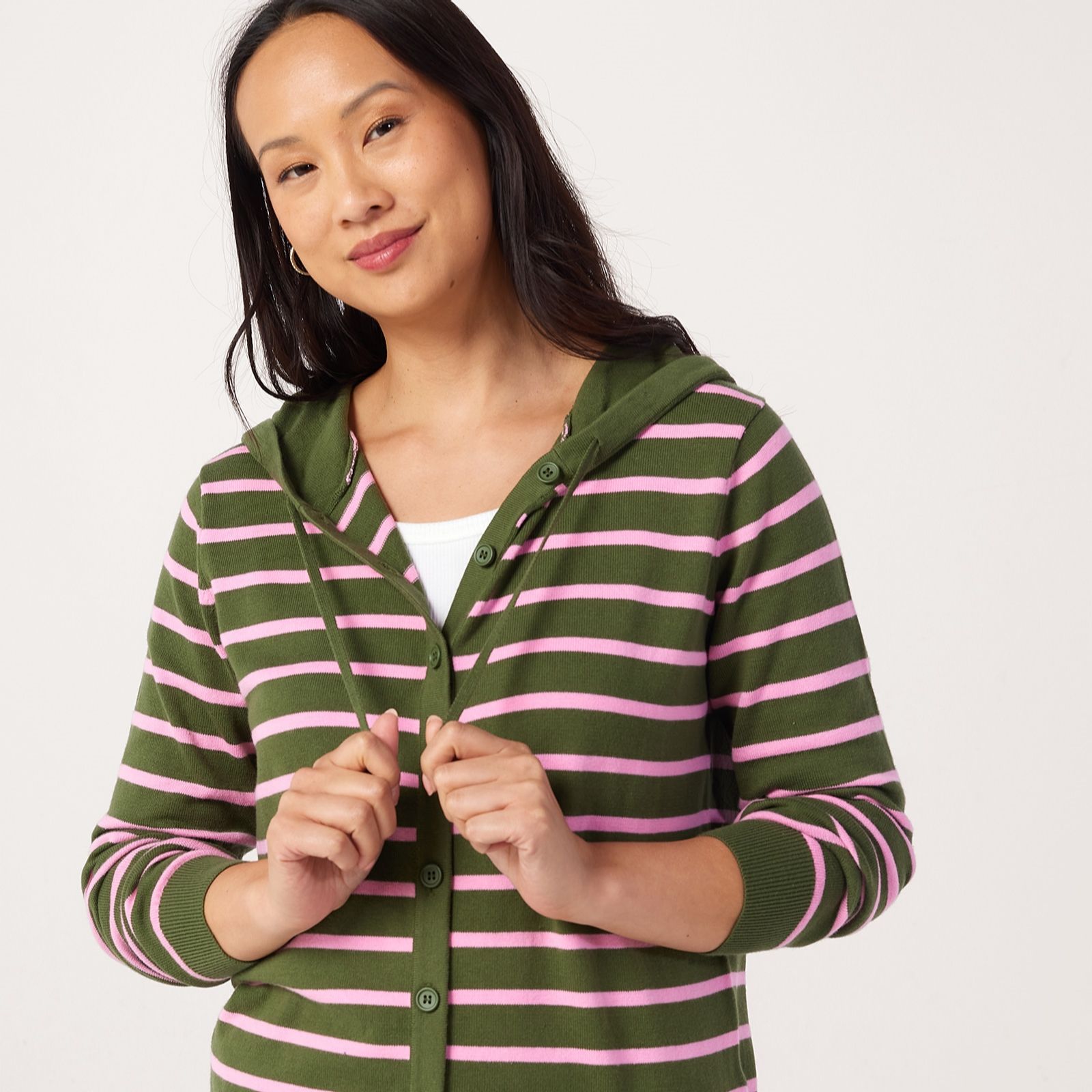 Denim & Co. Stripe Button-Through Hoodie