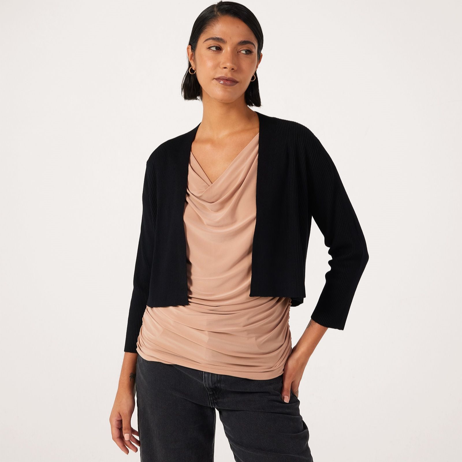 Nina Leonard 3/4 Sleeve Ribbed Bolero Cardigan