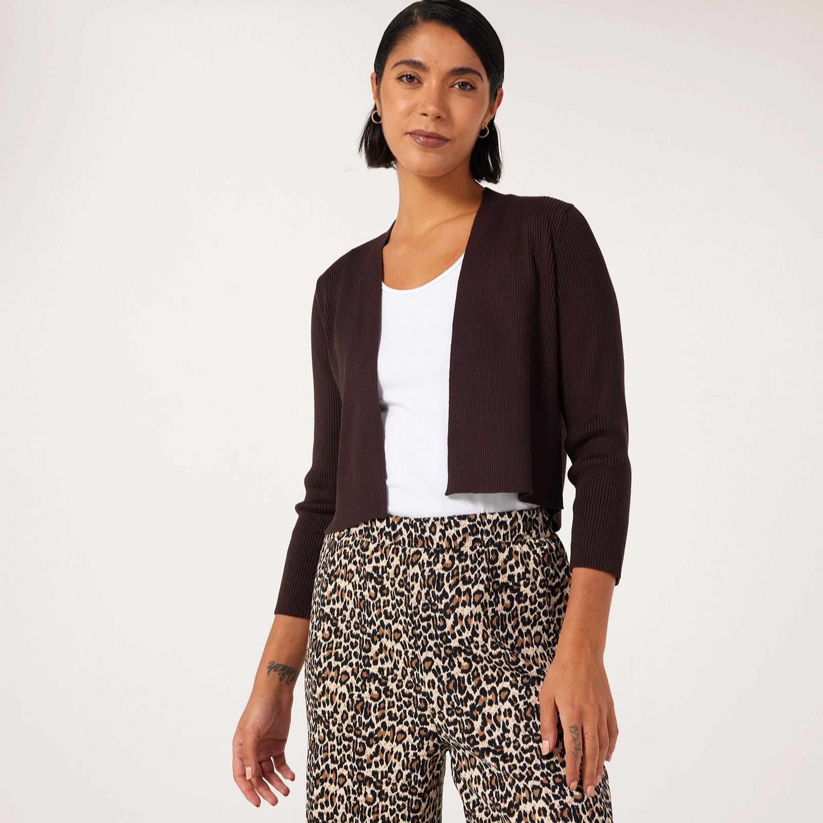 Nina Leonard 3/4 Sleeve Ribbed Bolero Cardigan