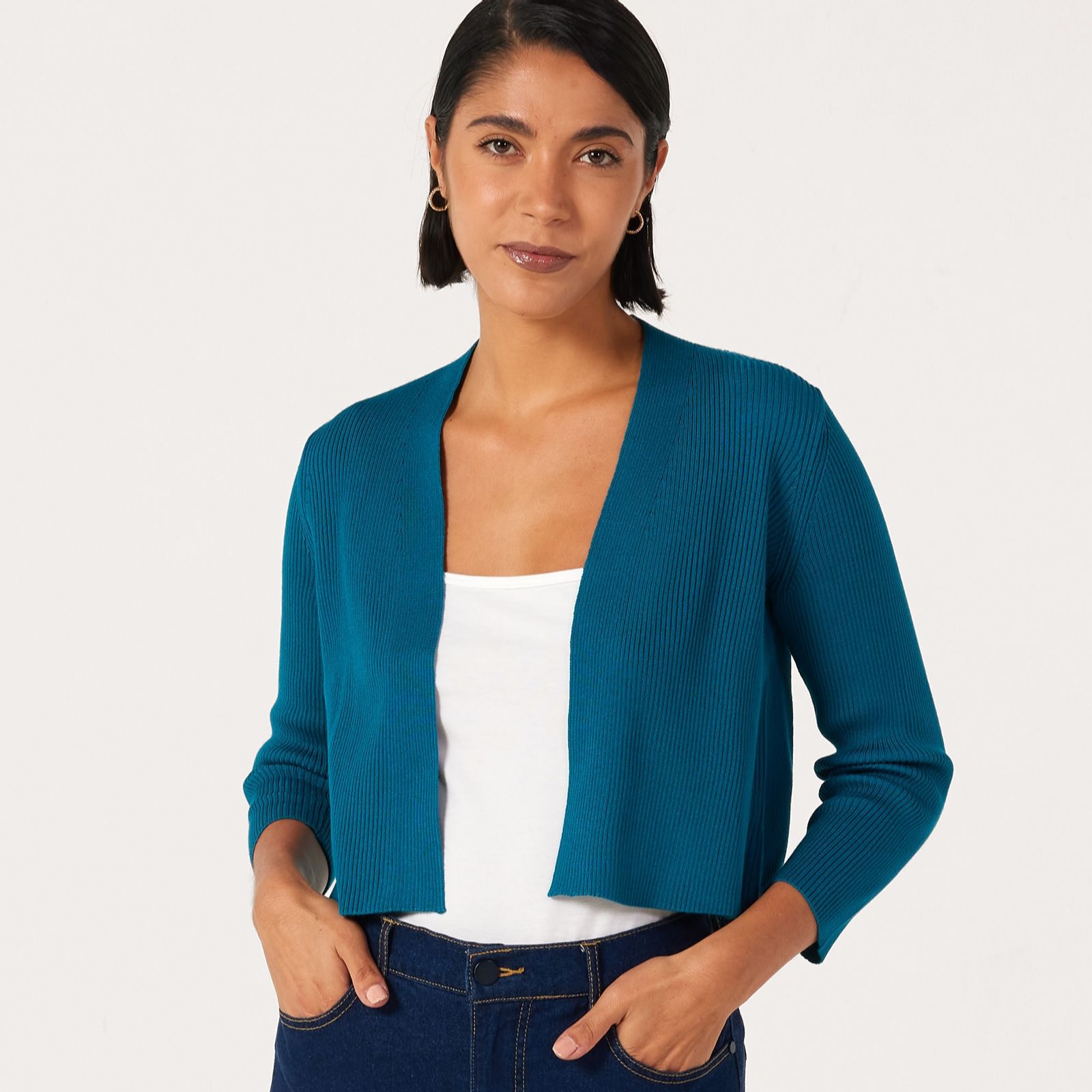 Nina Leonard 3/4 Sleeve Ribbed Bolero Cardigan