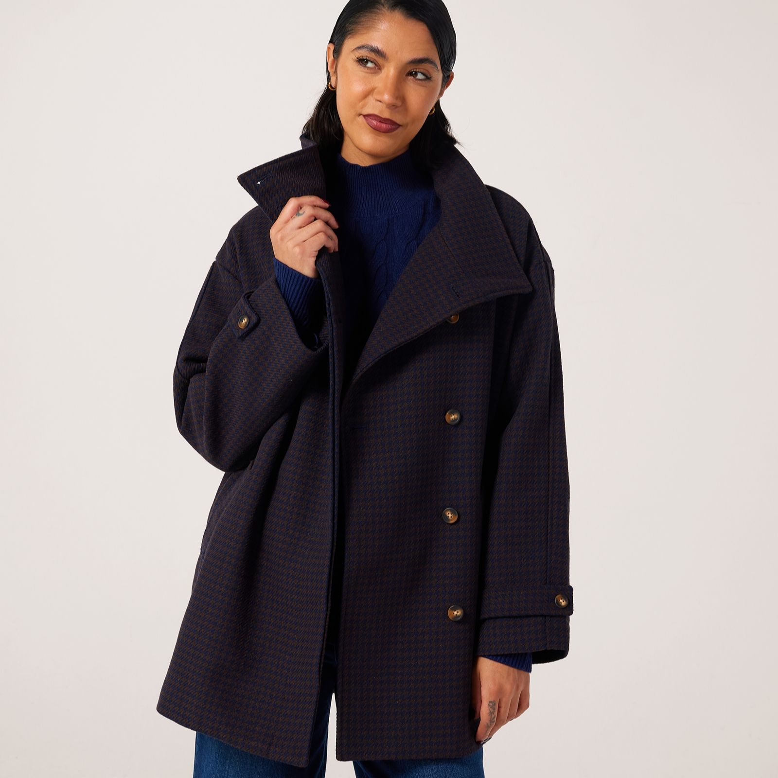 Ben de Lisi Funnel Neck Houndstooth Coat