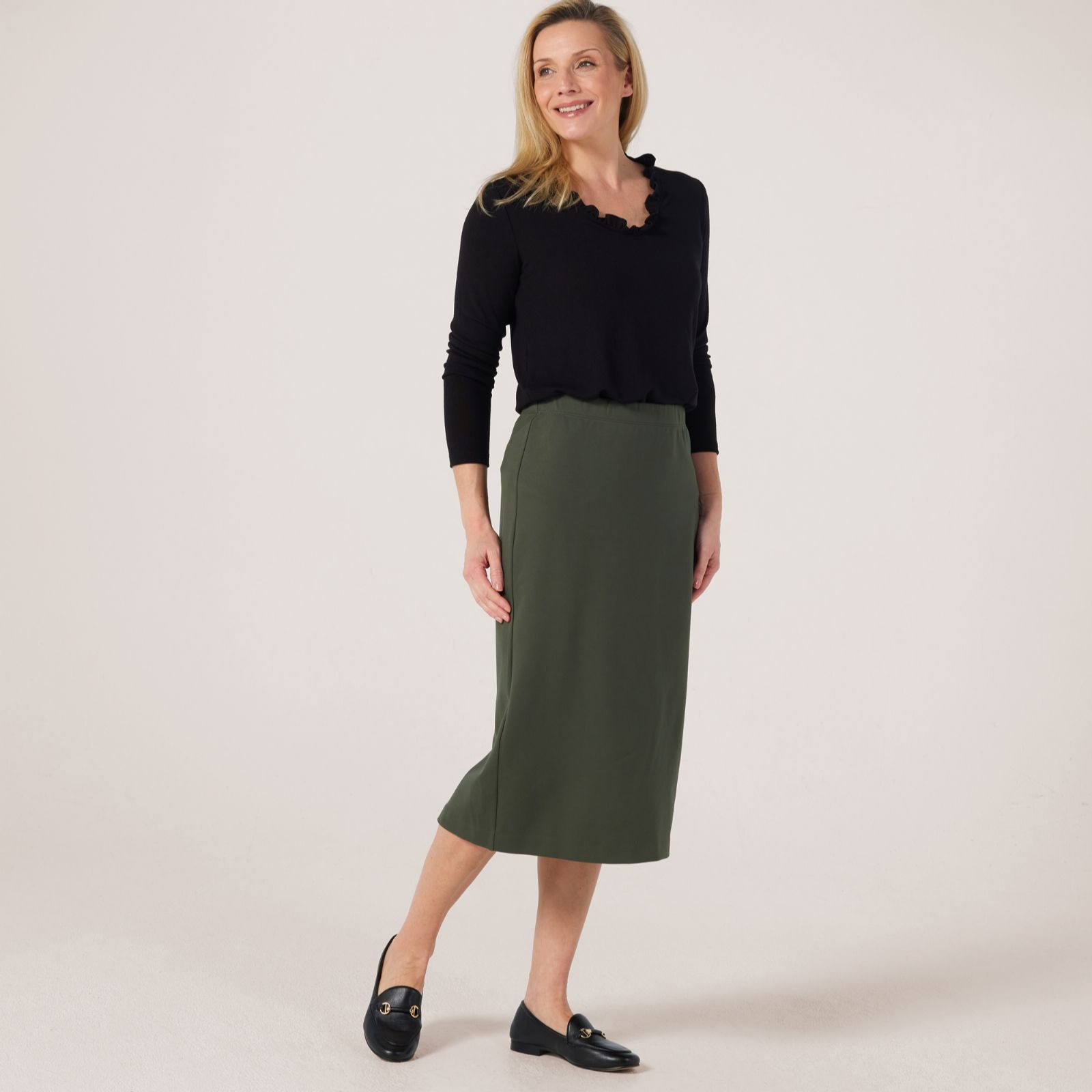 Kim & Co Stretch Ponte Jersey Midi Skirt with Back Slit