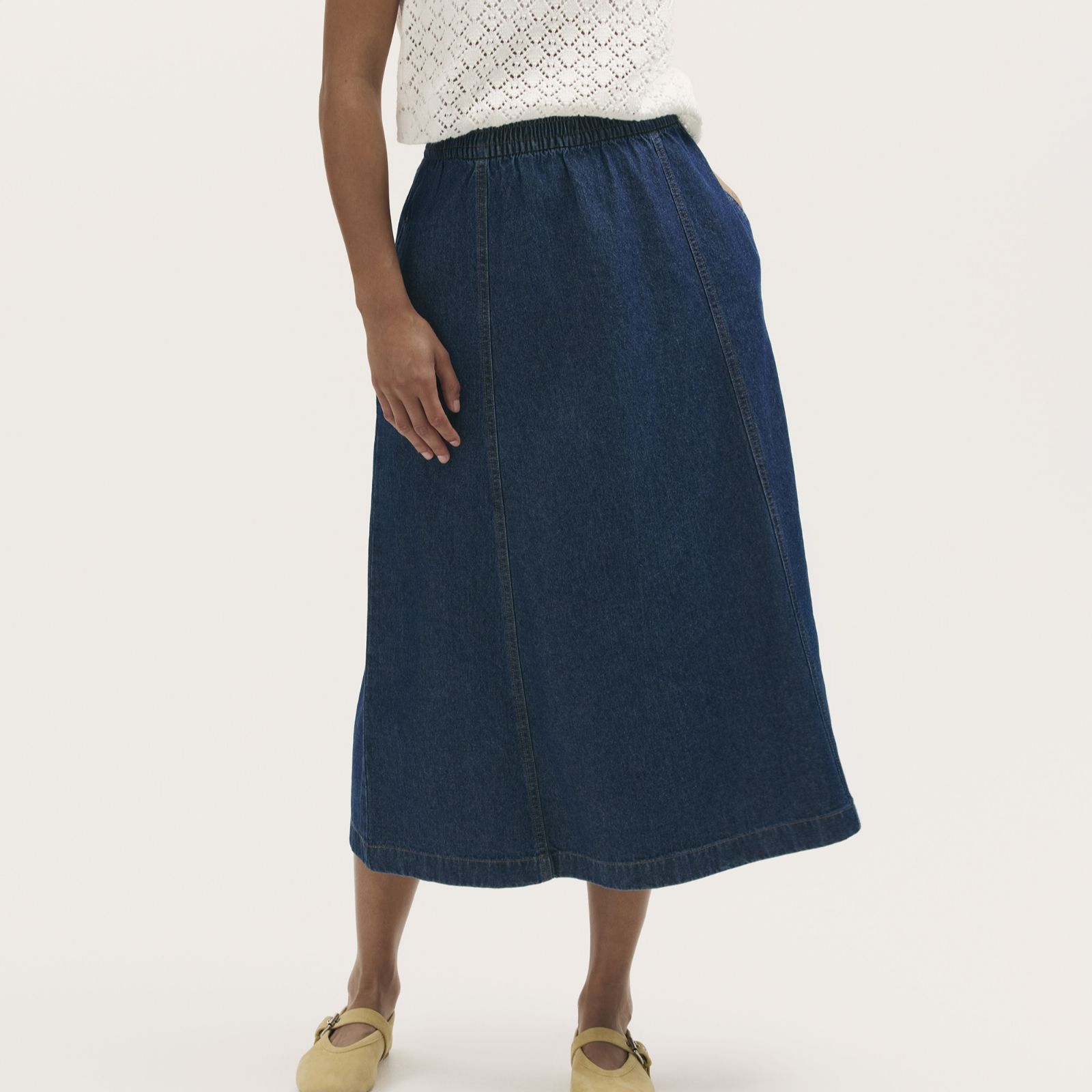 Finery London Winona Denim Midi Skirt with Stretch Waist