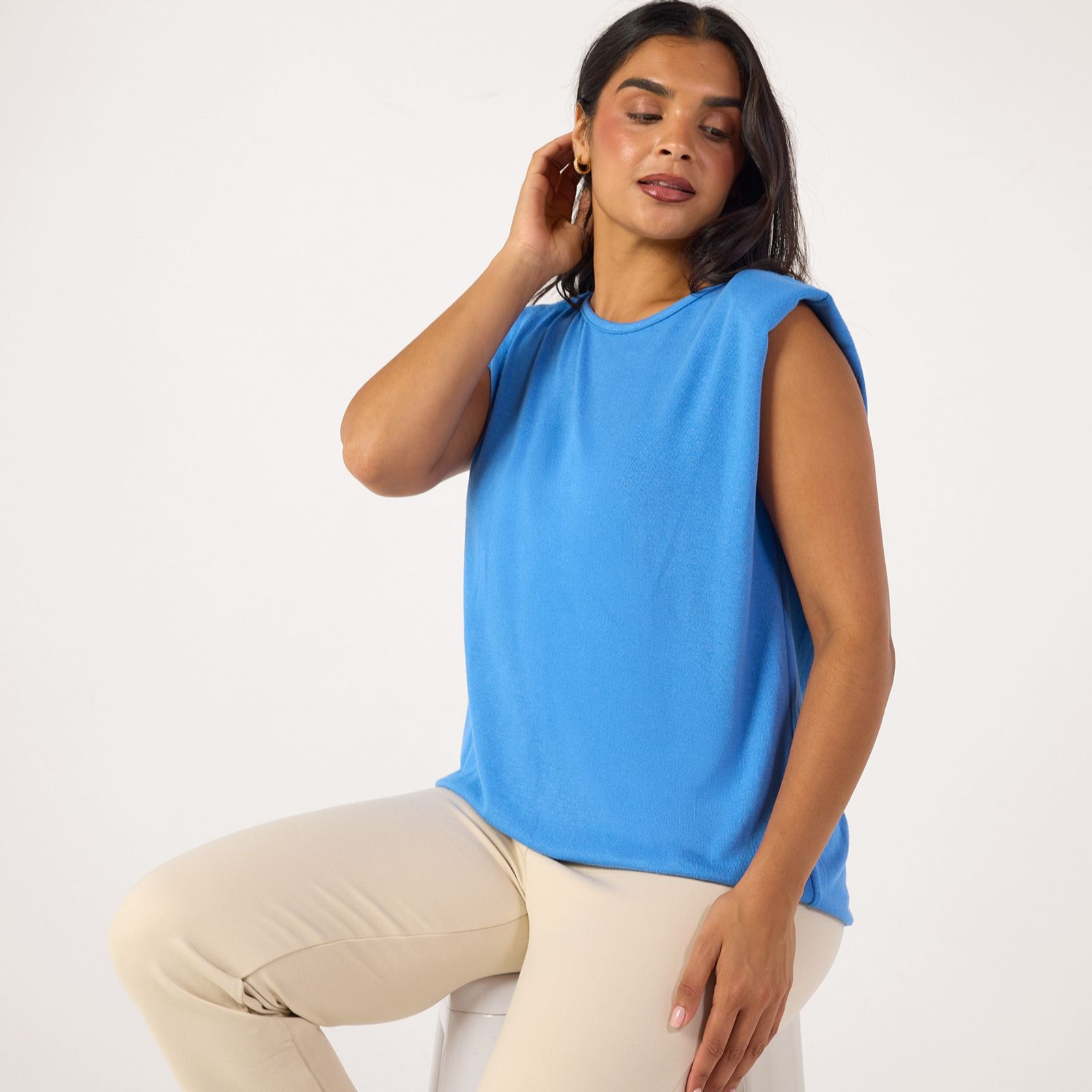 Kim & Co Fine Sweater Knit Short Dolman Sleeve Blouson Top with Shoulder Pads
