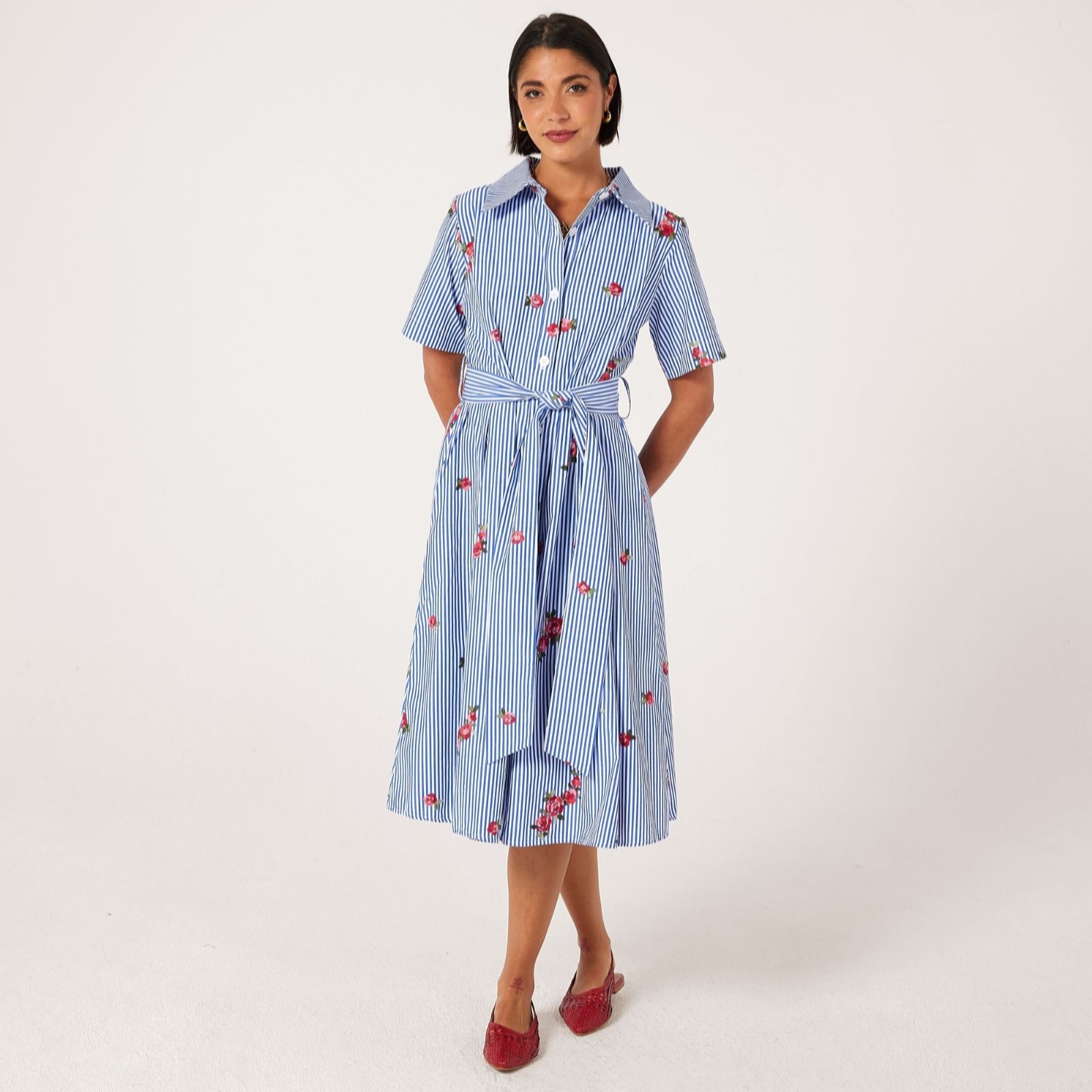 Helene Berman Short Sleeve Striped Dress with Floral Embroidery