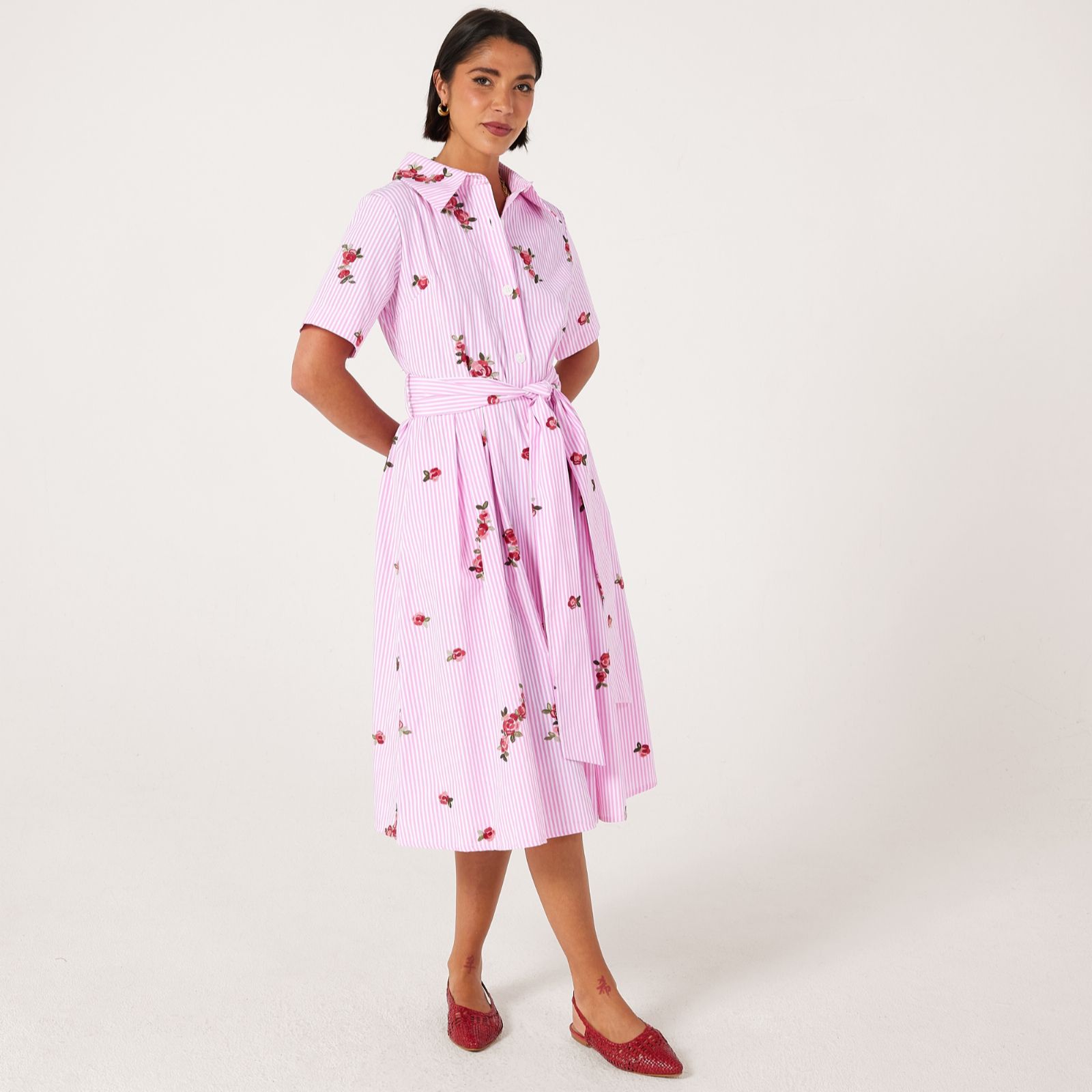 Helene Berman Short Sleeve Striped Dress with Floral Embroidery