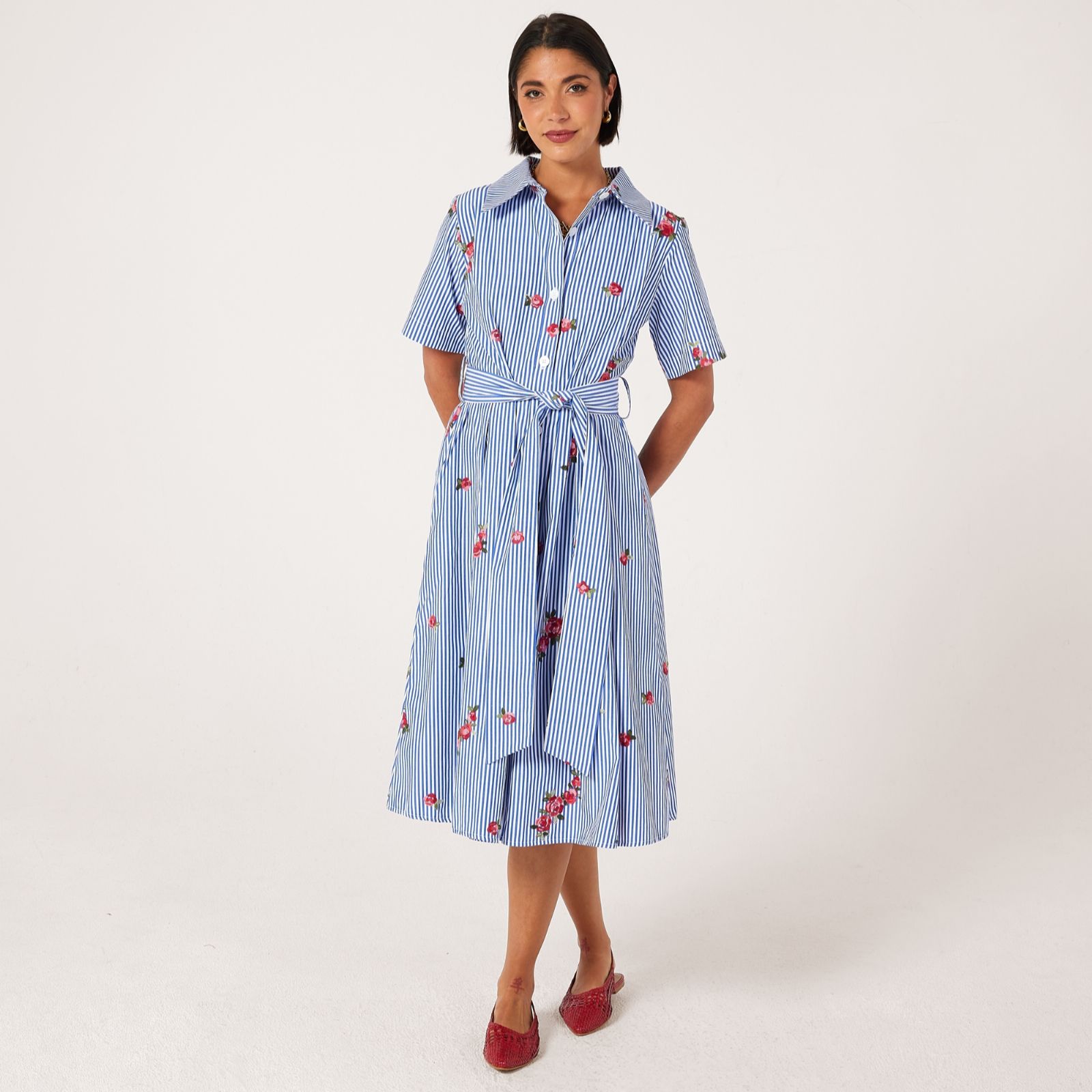 Helene Berman Short Sleeve Striped Dress with Floral Embroidery