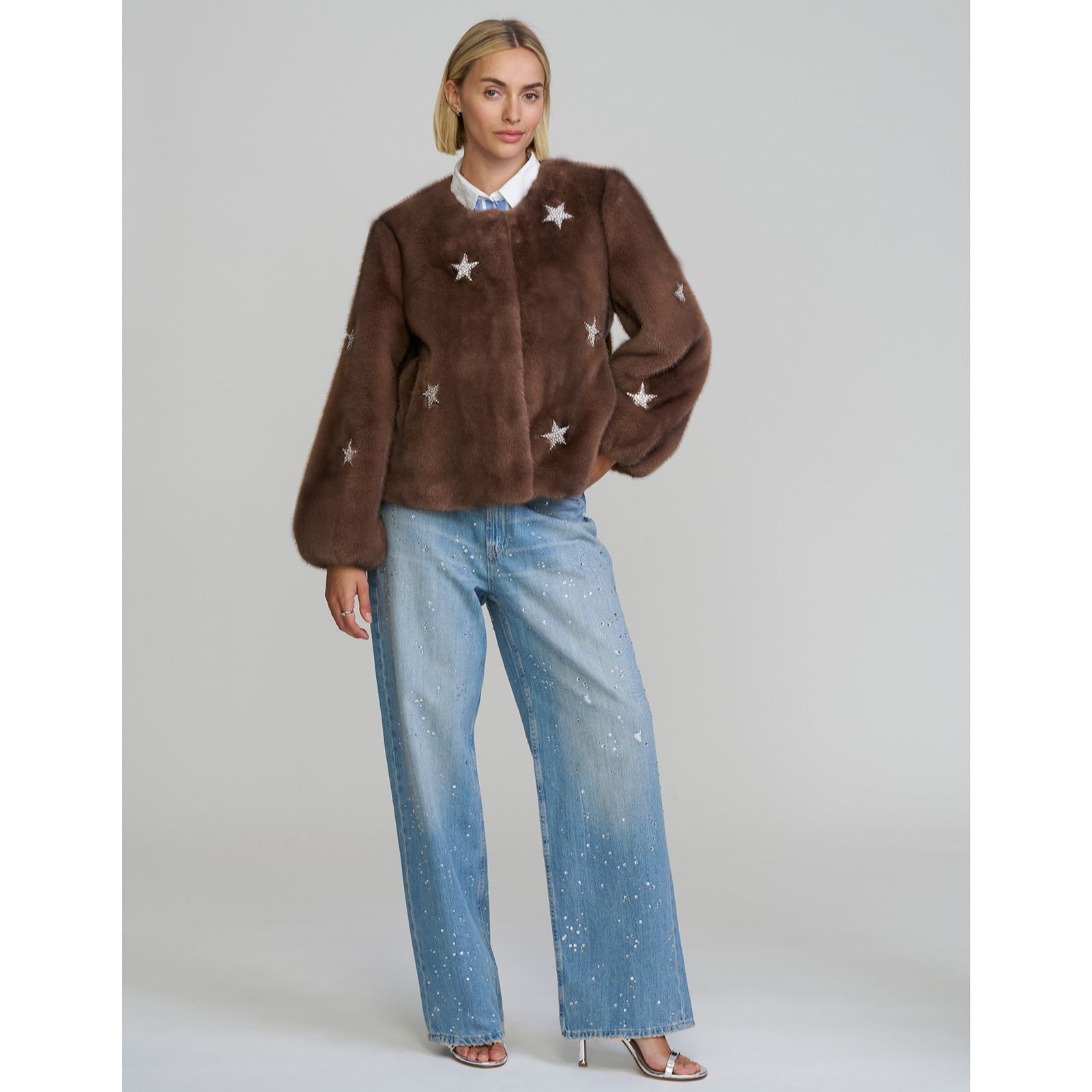 ELLE Get The Look Embellished Faux Fur Jacket