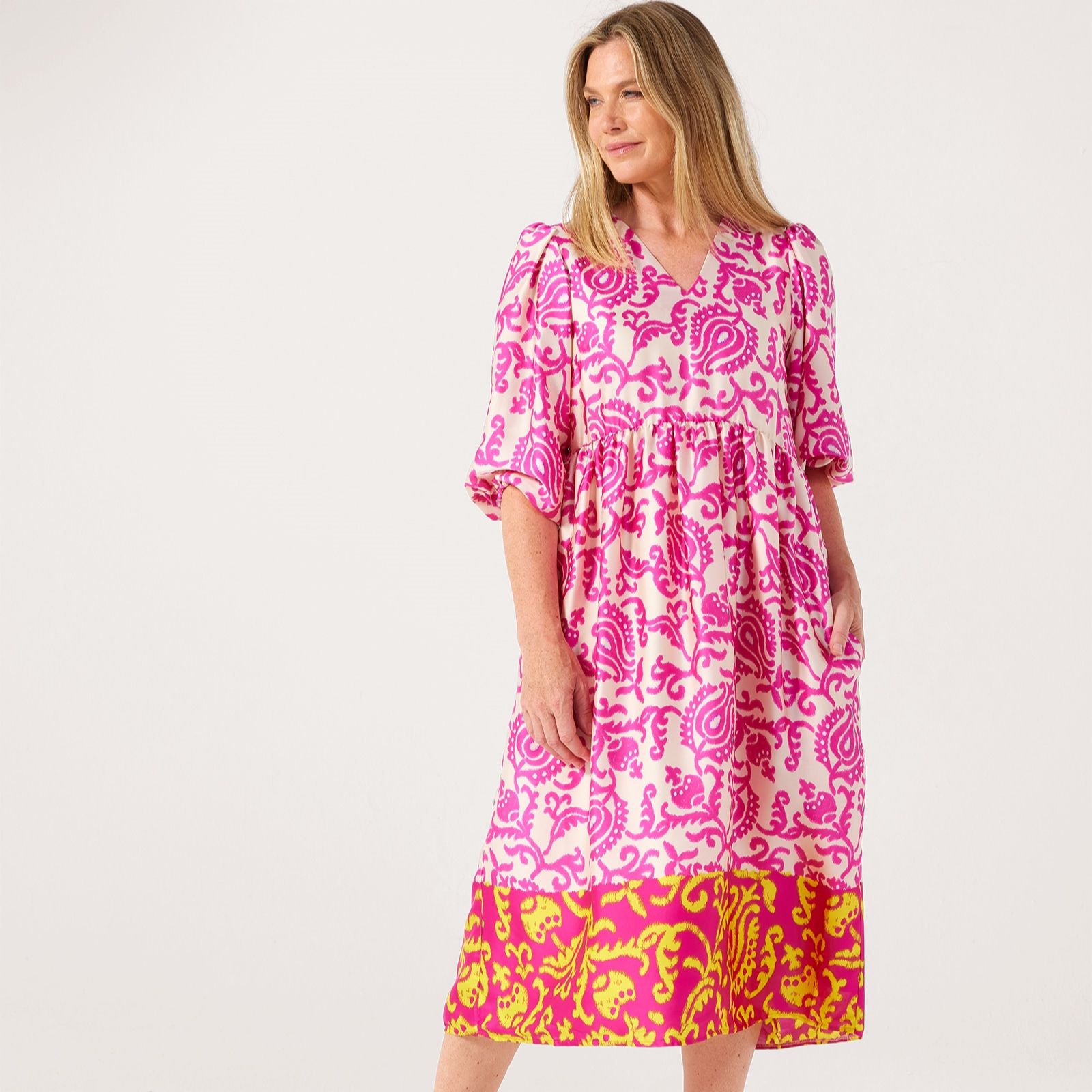 Helene Berman Boarder Print Round Neck Midi Dress