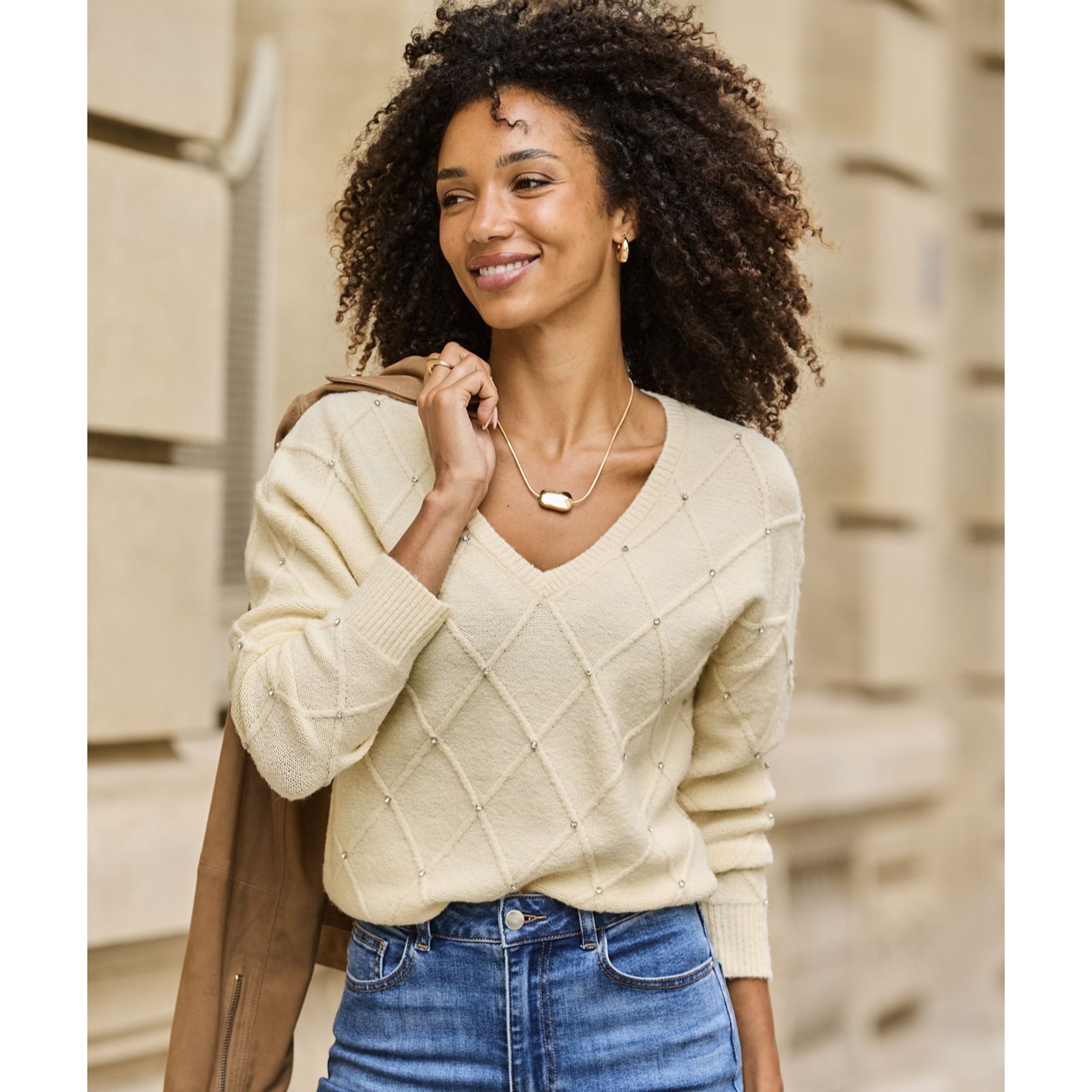 Outlet Sosandar Diamond Embelished V Neck Jumper